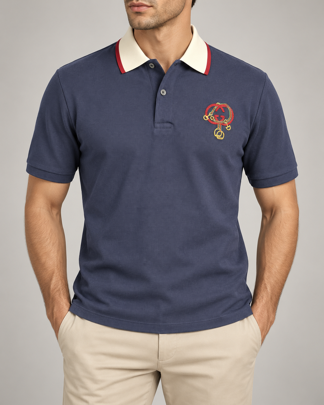 Navy Equestrian Embroidered Contrast-Collar Polo T-Shirt - front view