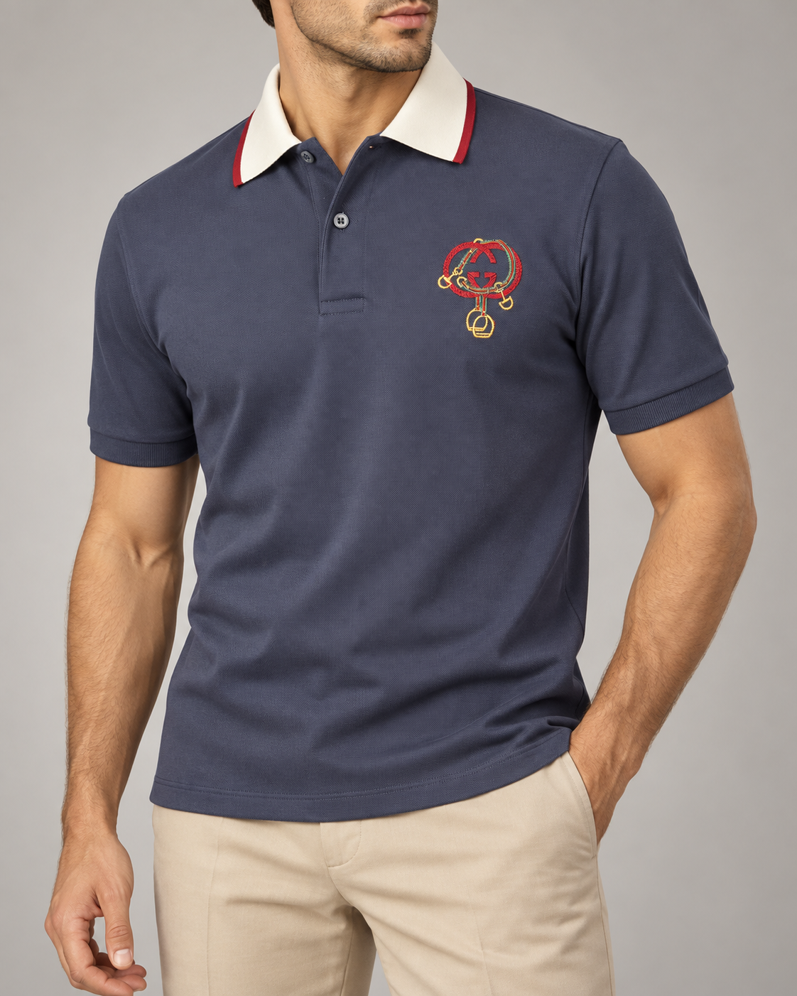 Navy Equestrian Embroidered Contrast-Collar Polo T-Shirt - view 2