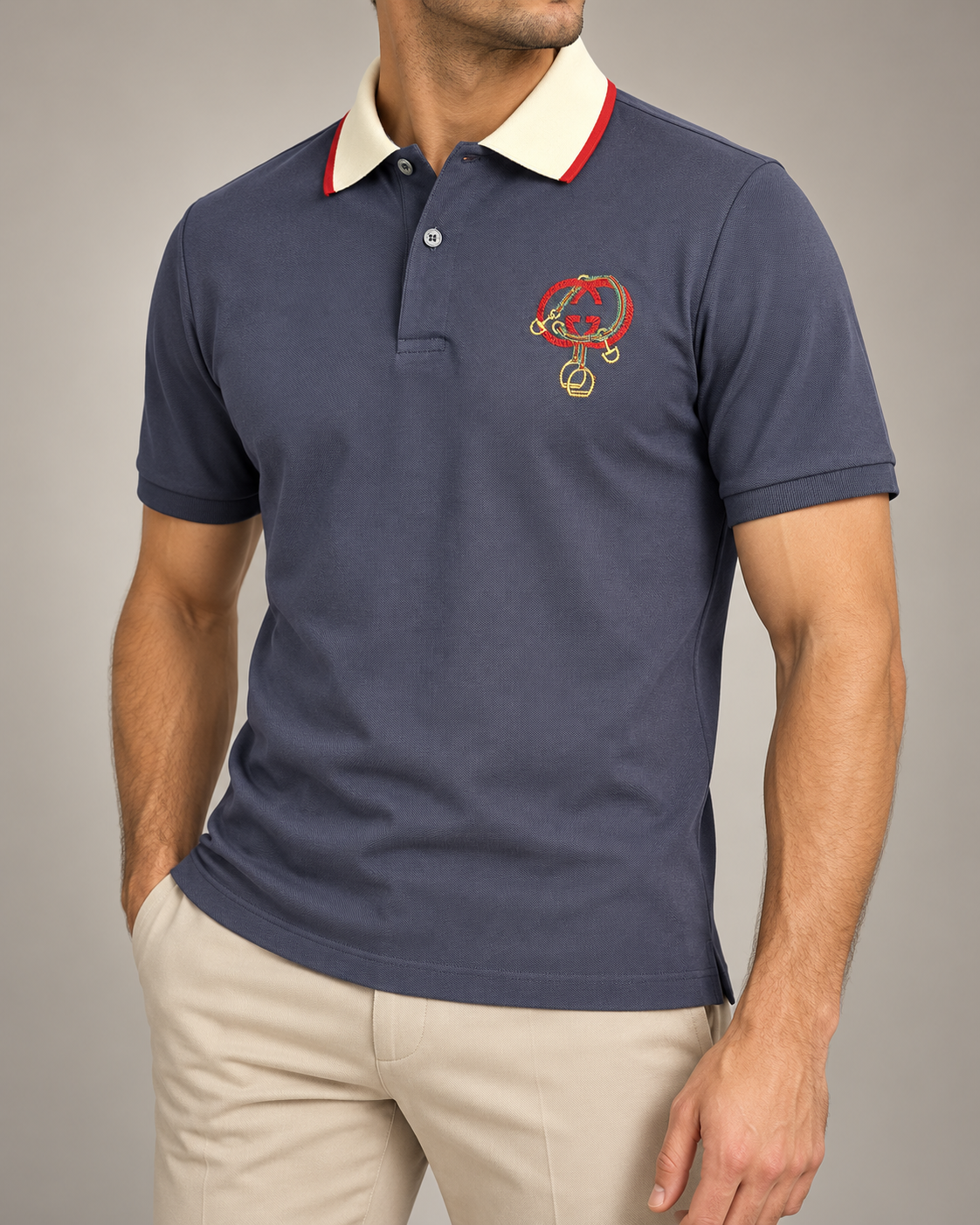 Navy Equestrian Embroidered Contrast-Collar Polo T-Shirt - view 3