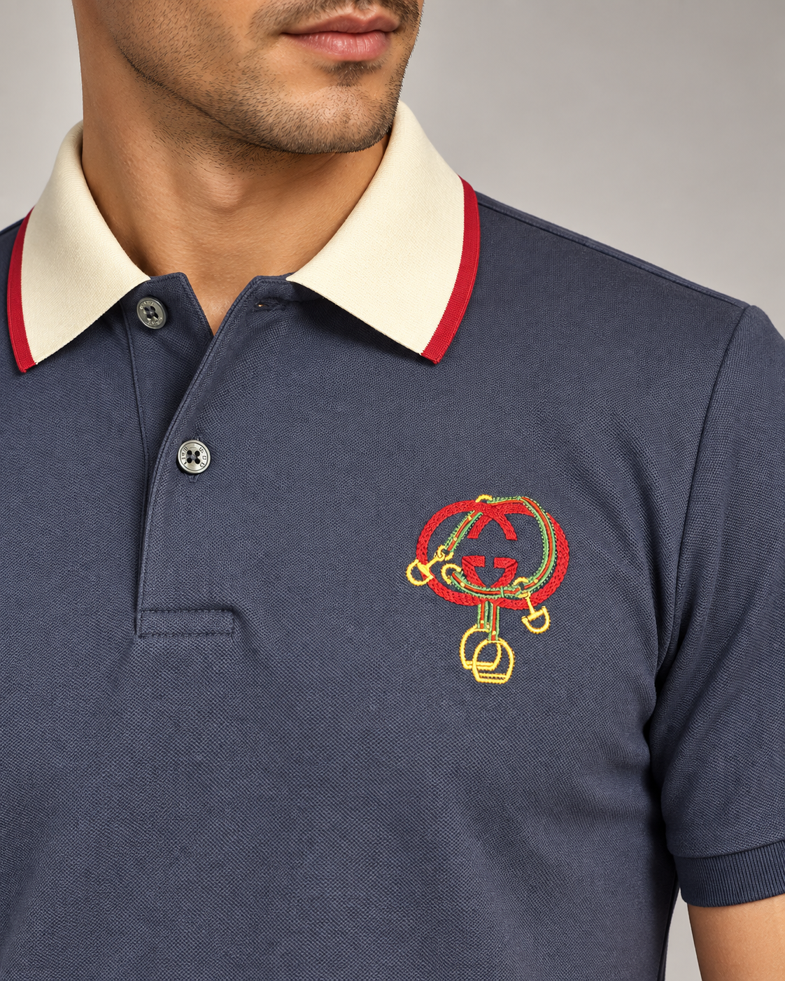 Navy Equestrian Embroidered Contrast-Collar Polo T-Shirt - view 4