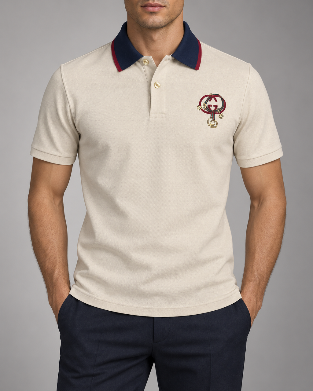 Beige Equestrian Embroidered Contrast-Collar Polo T-Shirt - front view