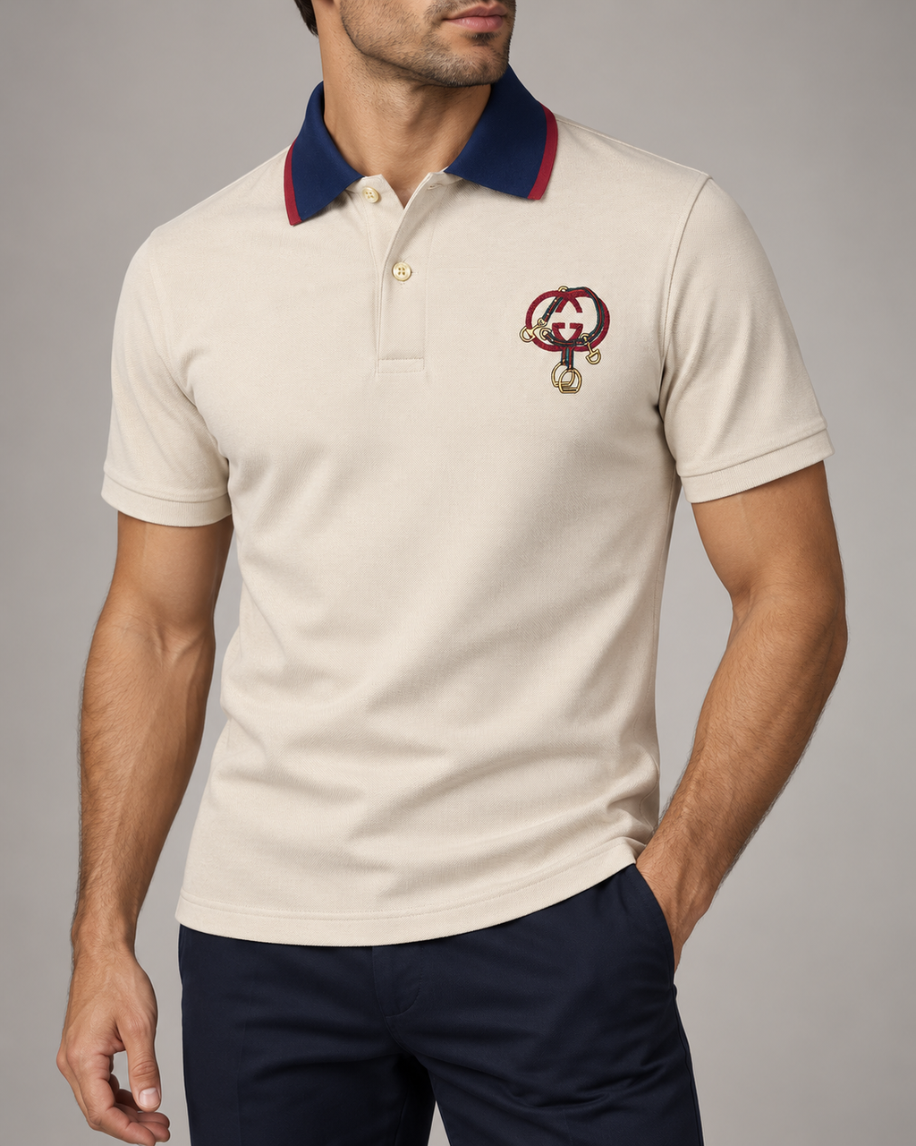 Beige Equestrian Embroidered Contrast-Collar Polo T-Shirt - view 2