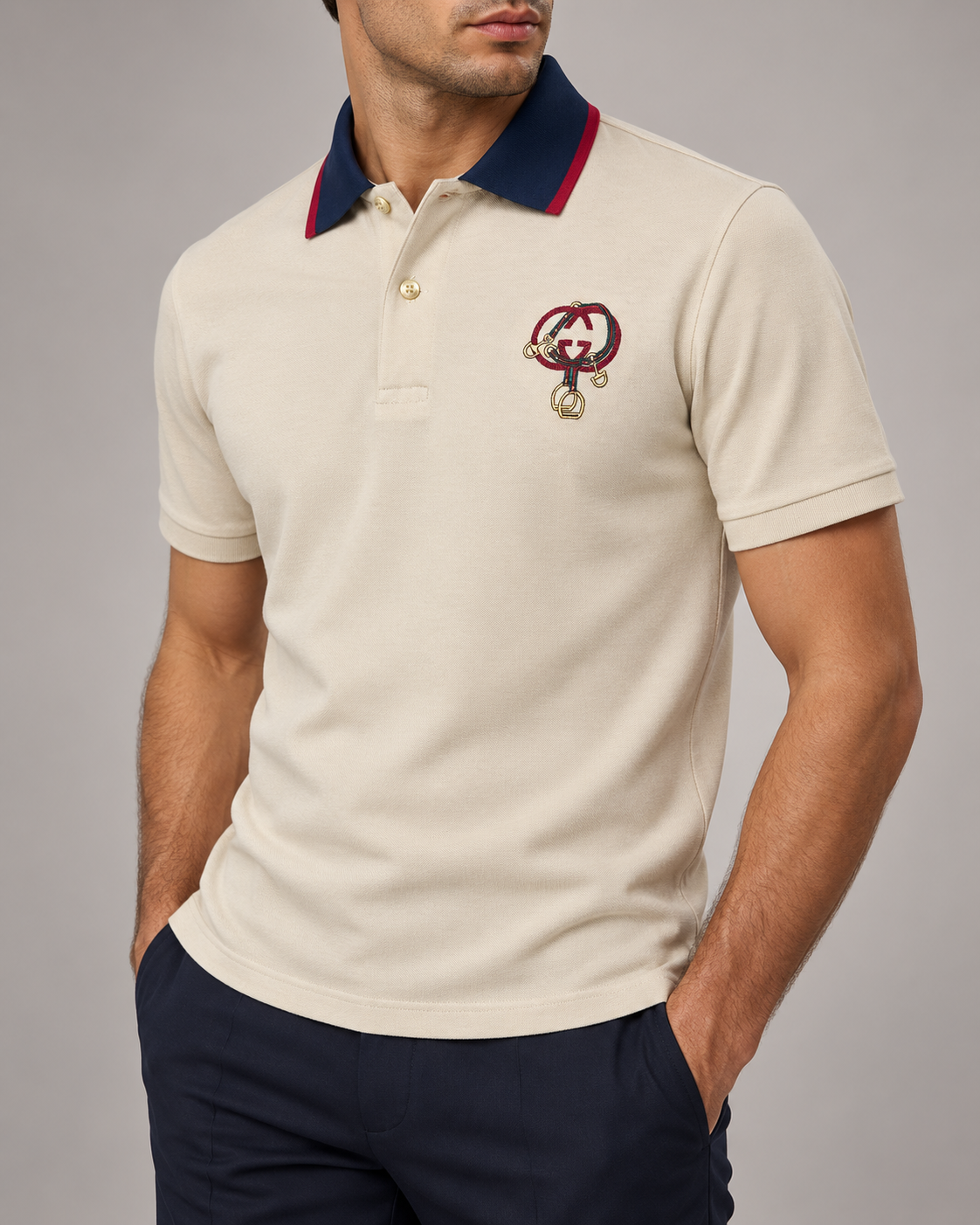 Beige Equestrian Embroidered Contrast-Collar Polo T-Shirt - view 3
