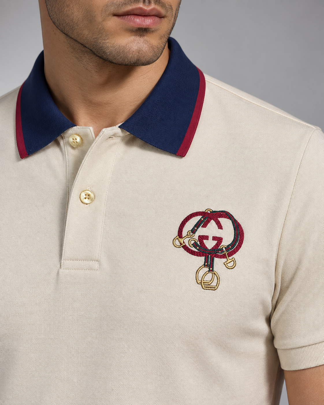 Beige Equestrian Embroidered Contrast-Collar Polo T-Shirt - view 4
