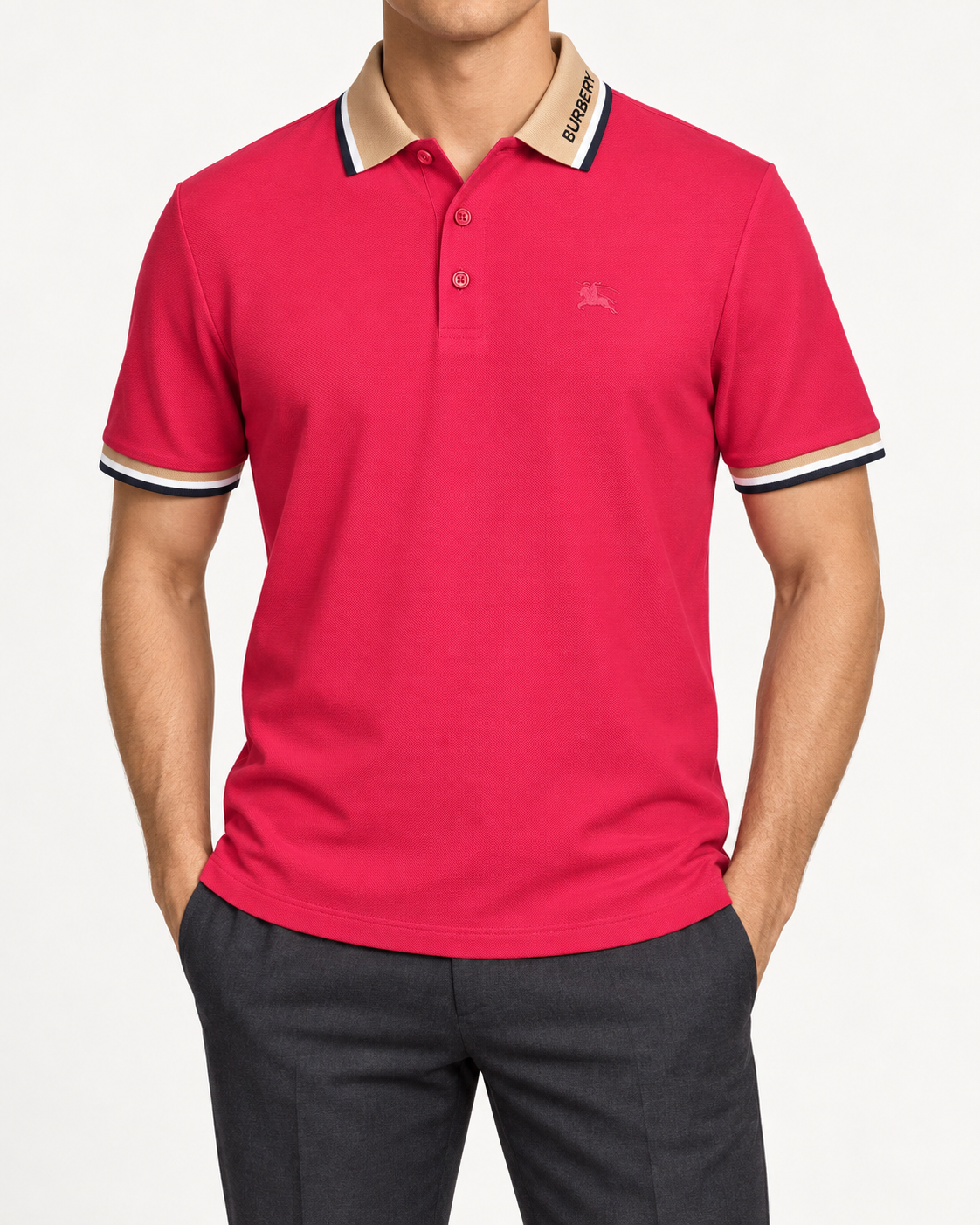 Raspberry Red Contrast-Trim Polo Shirt - front view