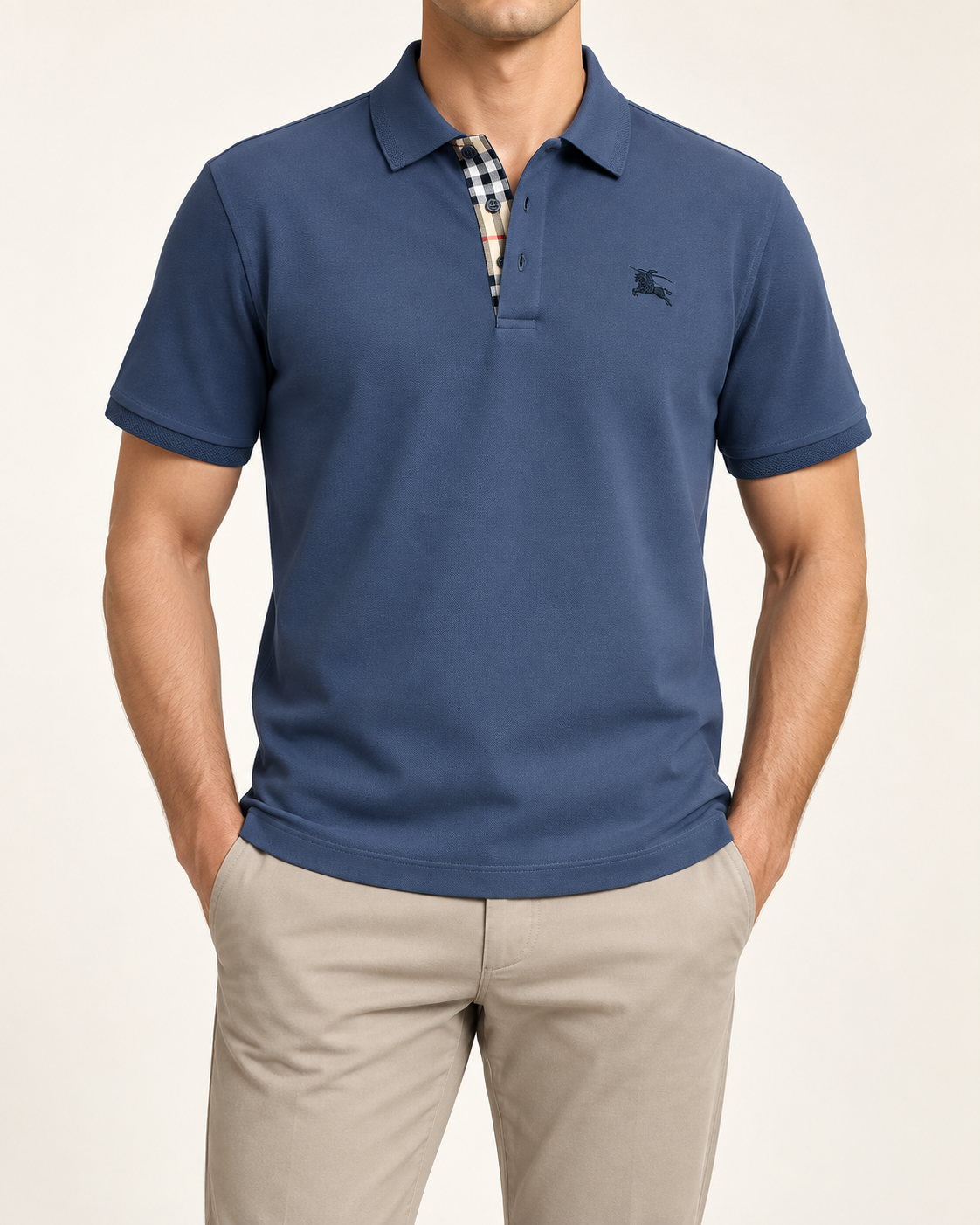 Slate Blue Check Placket Tonal Crest Polo - front view