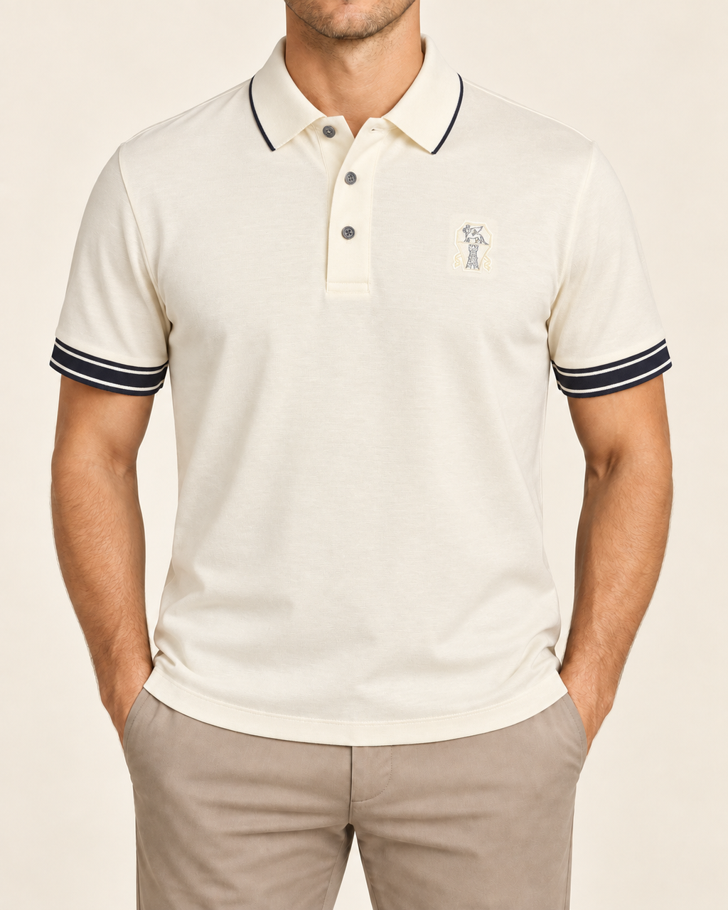 Cream Embroidered Crest Contrast-Trim Polo T-Shirt - front view