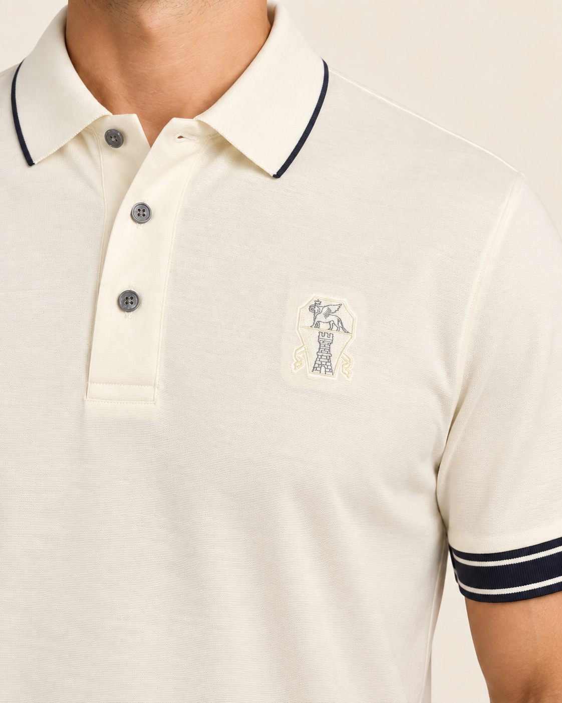 Cream Embroidered Crest Contrast-Trim Polo T-Shirt - view 4