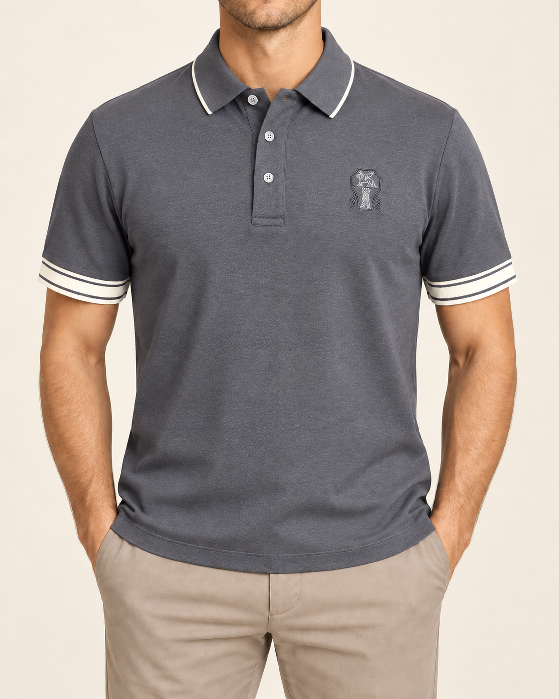 Grey Embroidered Crest Contrast-Trim Polo T-Shirt - front view