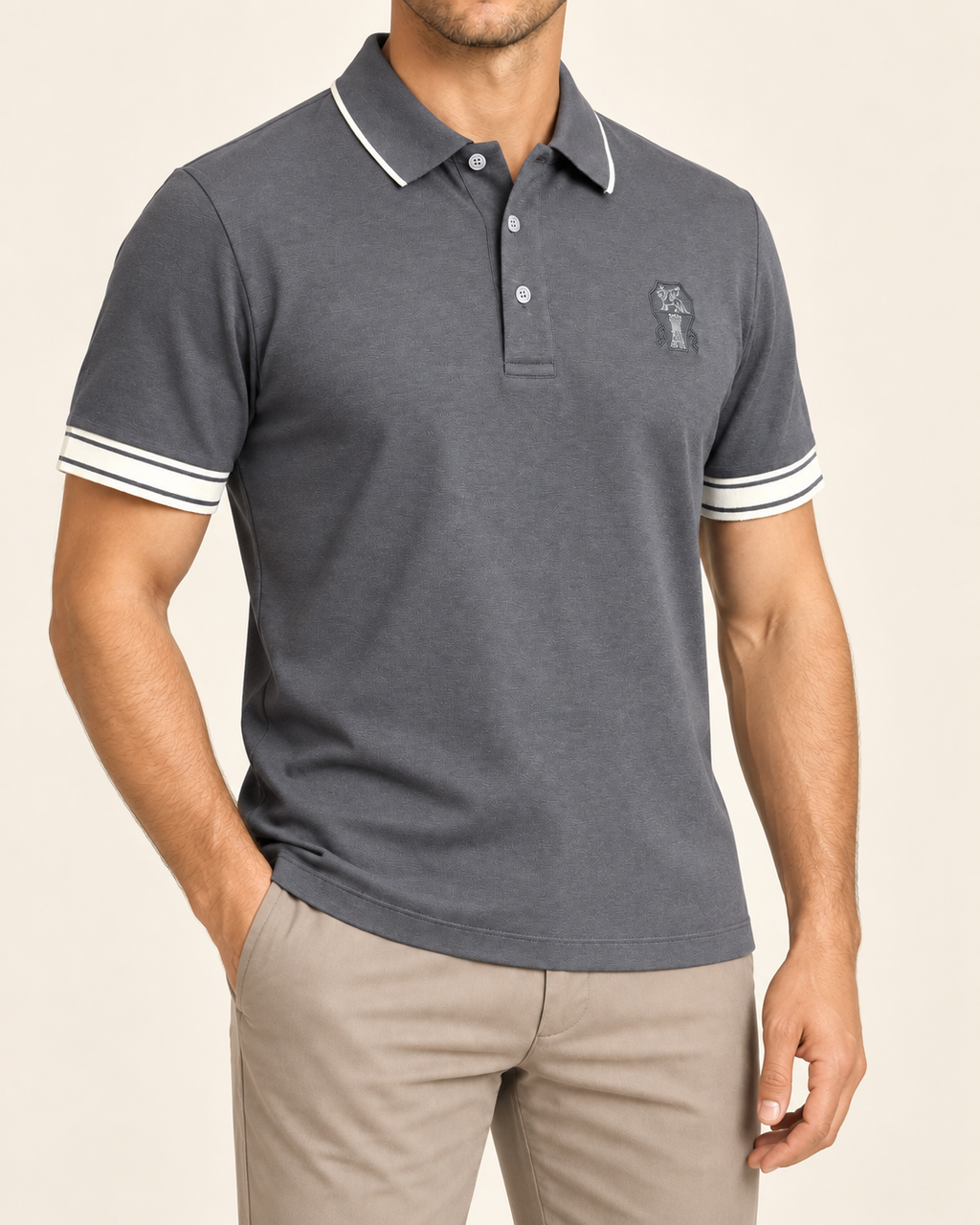 Grey Embroidered Crest Contrast-Trim Polo T-Shirt - view 2