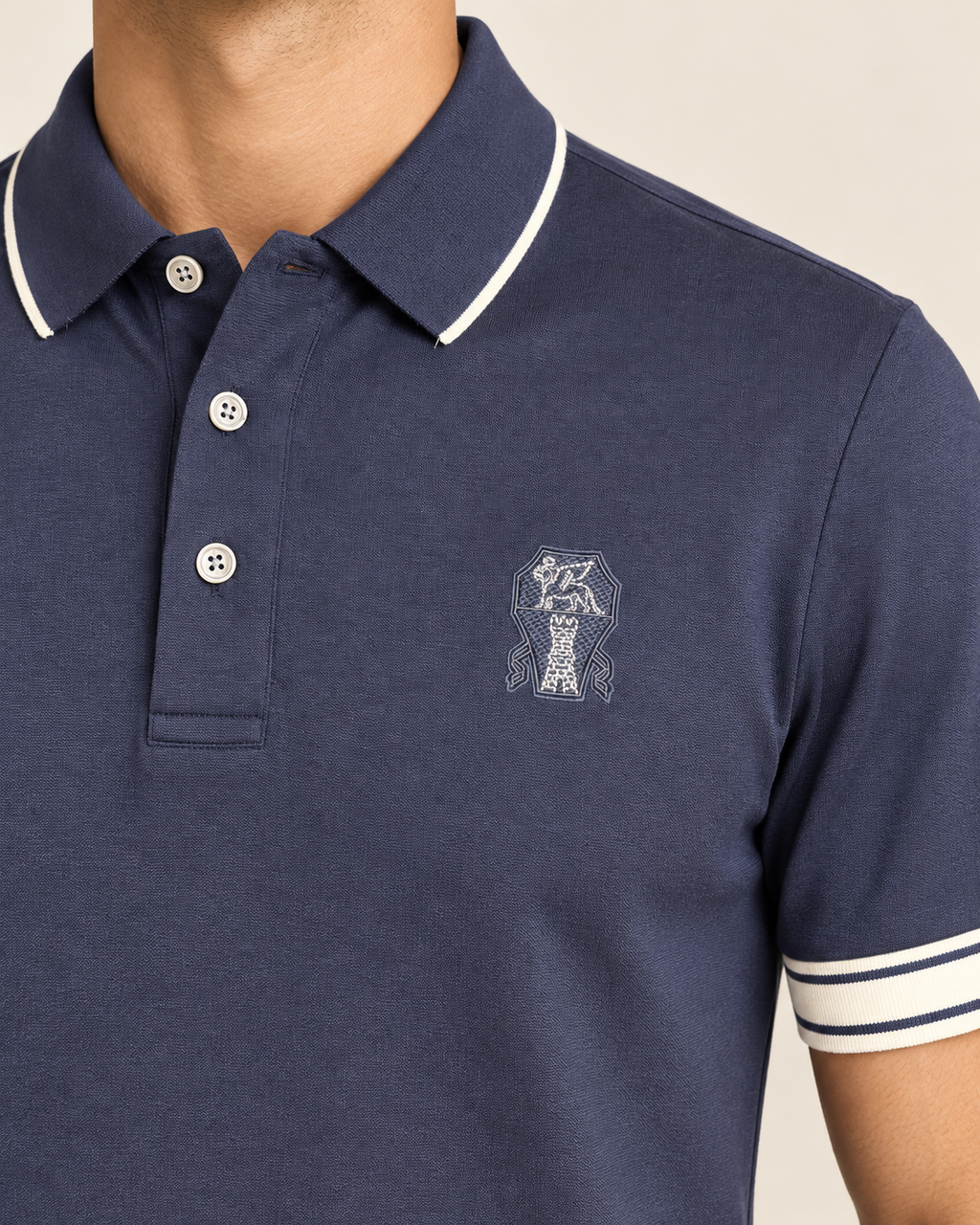 Navy Embroidered Crest Contrast-Trim Polo T-Shirt - view 4