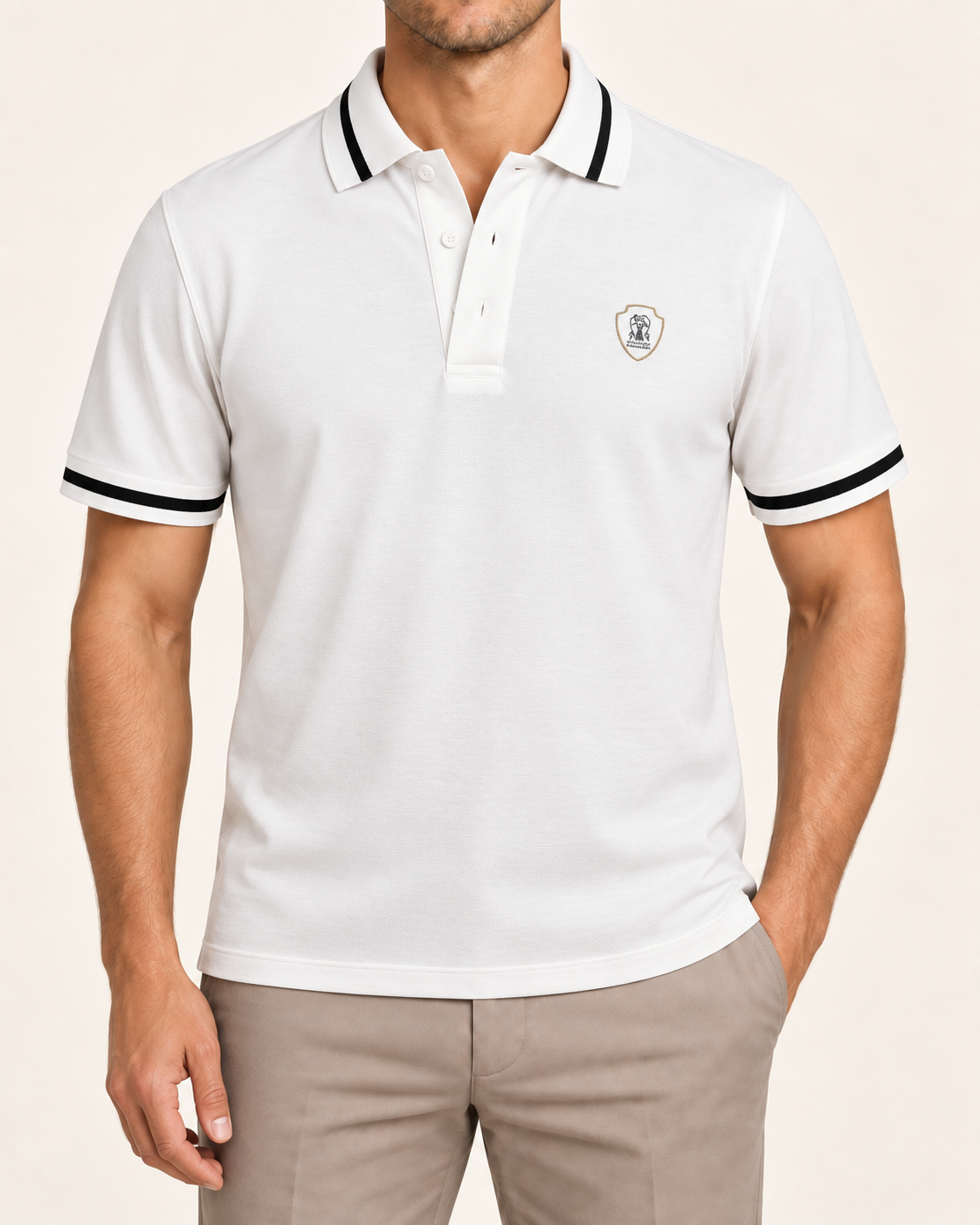 White Stripe Trim Crest Polo - front view
