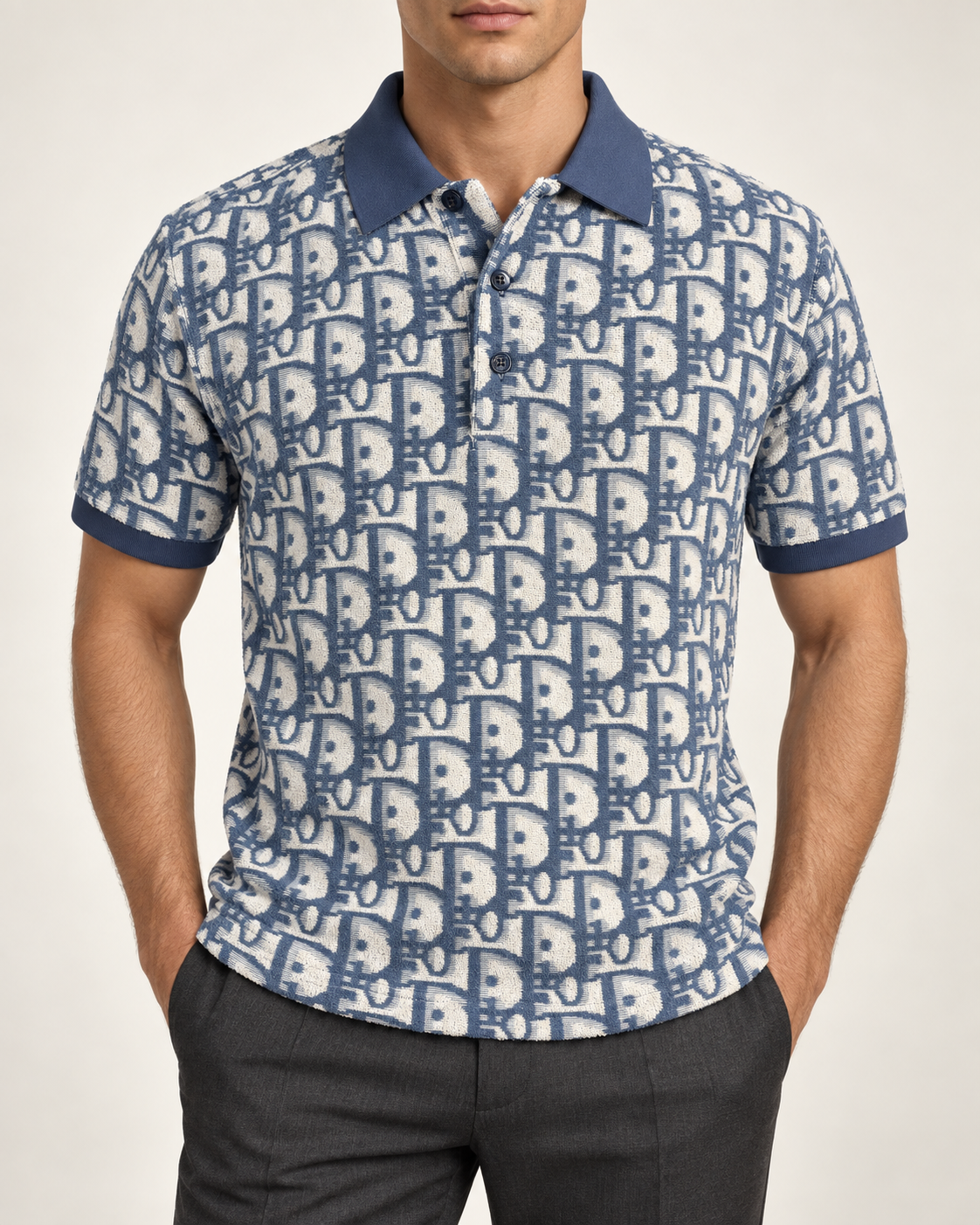Dusty Blue & Ivory Towelling Monogram Polo Shirt - front view