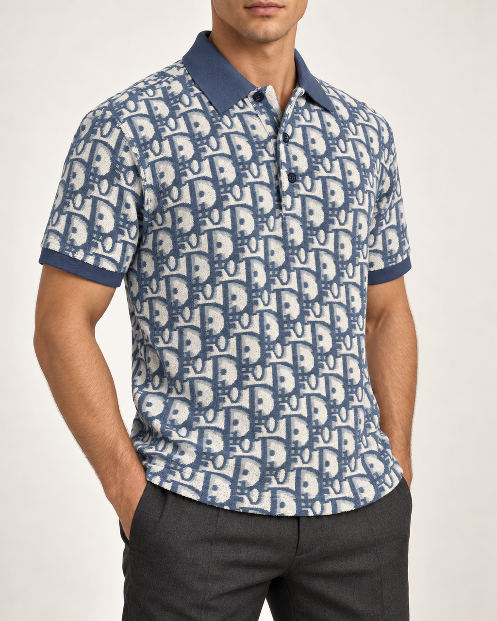 Dusty Blue & Ivory Towelling Monogram Polo Shirt - view 2