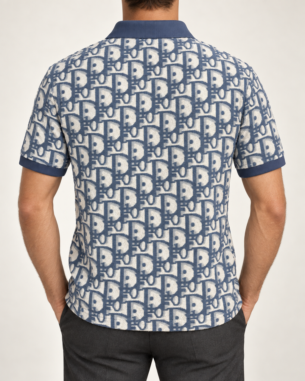Dusty Blue & Ivory Towelling Monogram Polo Shirt - view 3