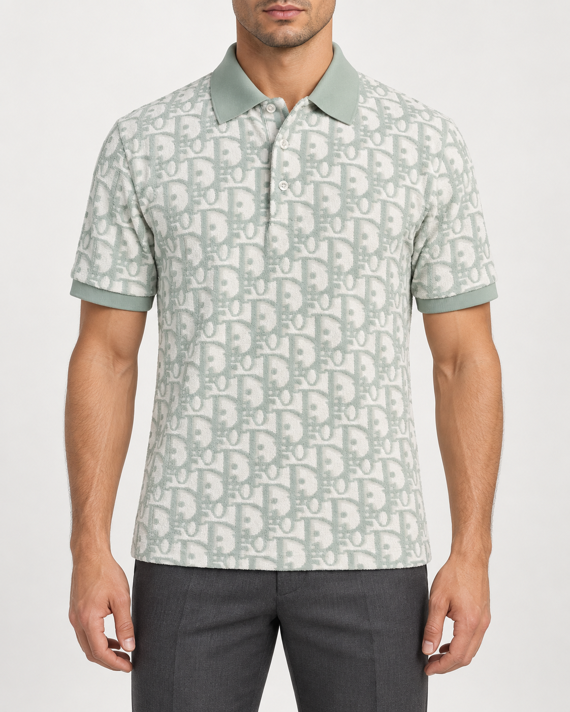 Mint Green & Ivory Towelling Monogram Polo Shirt - front view