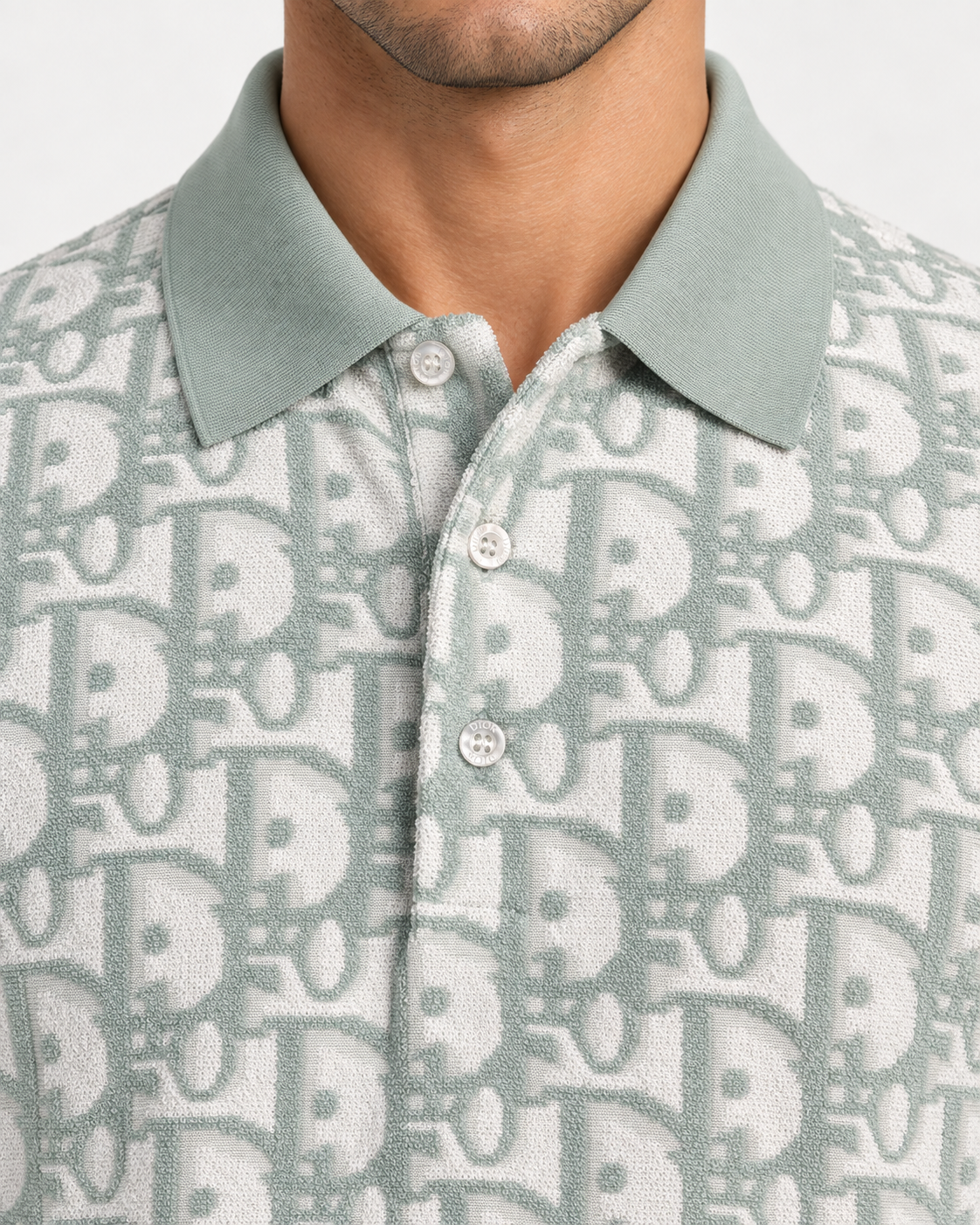 Mint Green & Ivory Towelling Monogram Polo Shirt - view 4