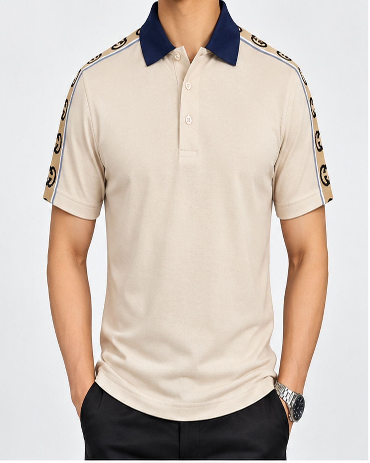 Beige Shoulder-Print Polo T-Shirt - front view