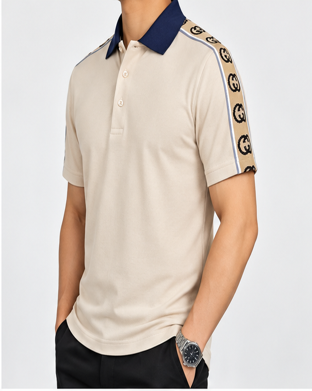 Beige Shoulder-Print Polo T-Shirt - view 2