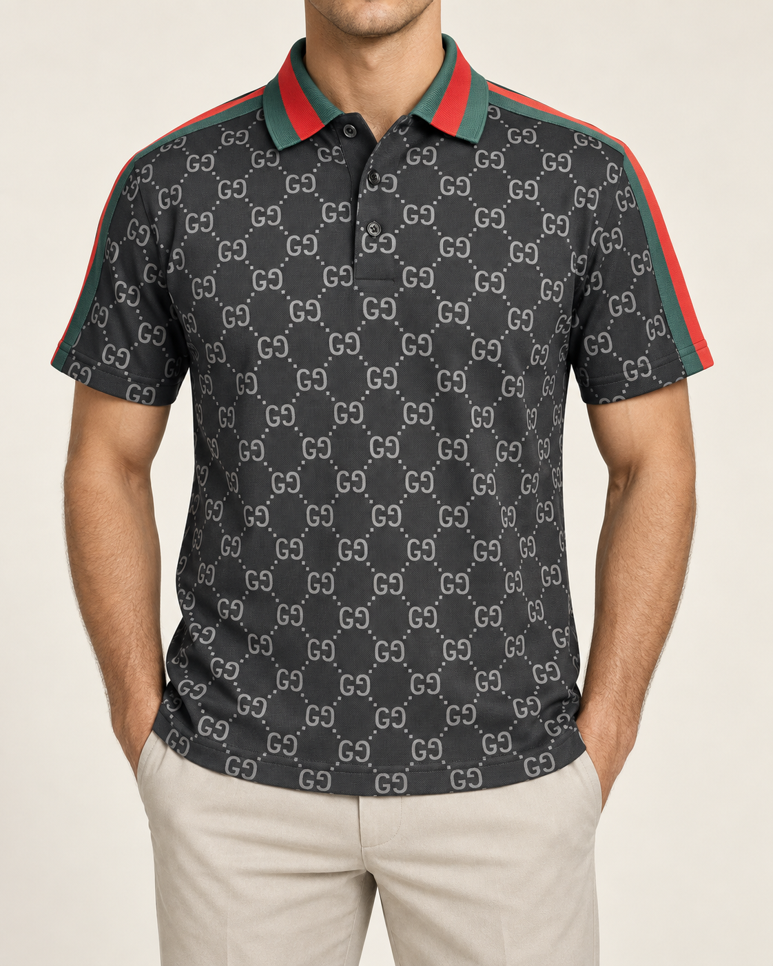 Charcoal Monogram Stripe Polo T Shirt - front view