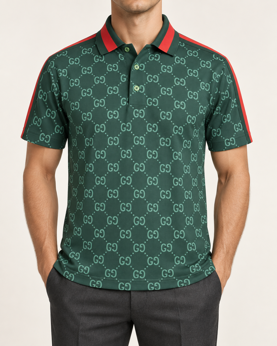 Forest Green Monogram Stripe Polo T Shirt - front view