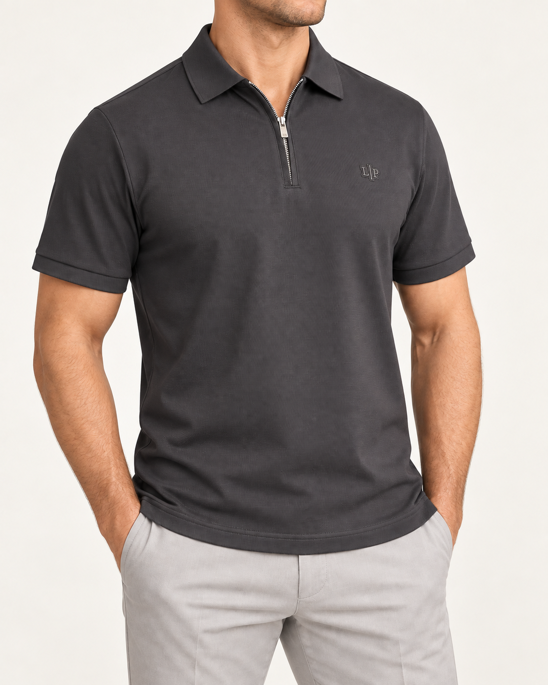 Charcoal Zip-Neck Logo Polo Shirt - view 2