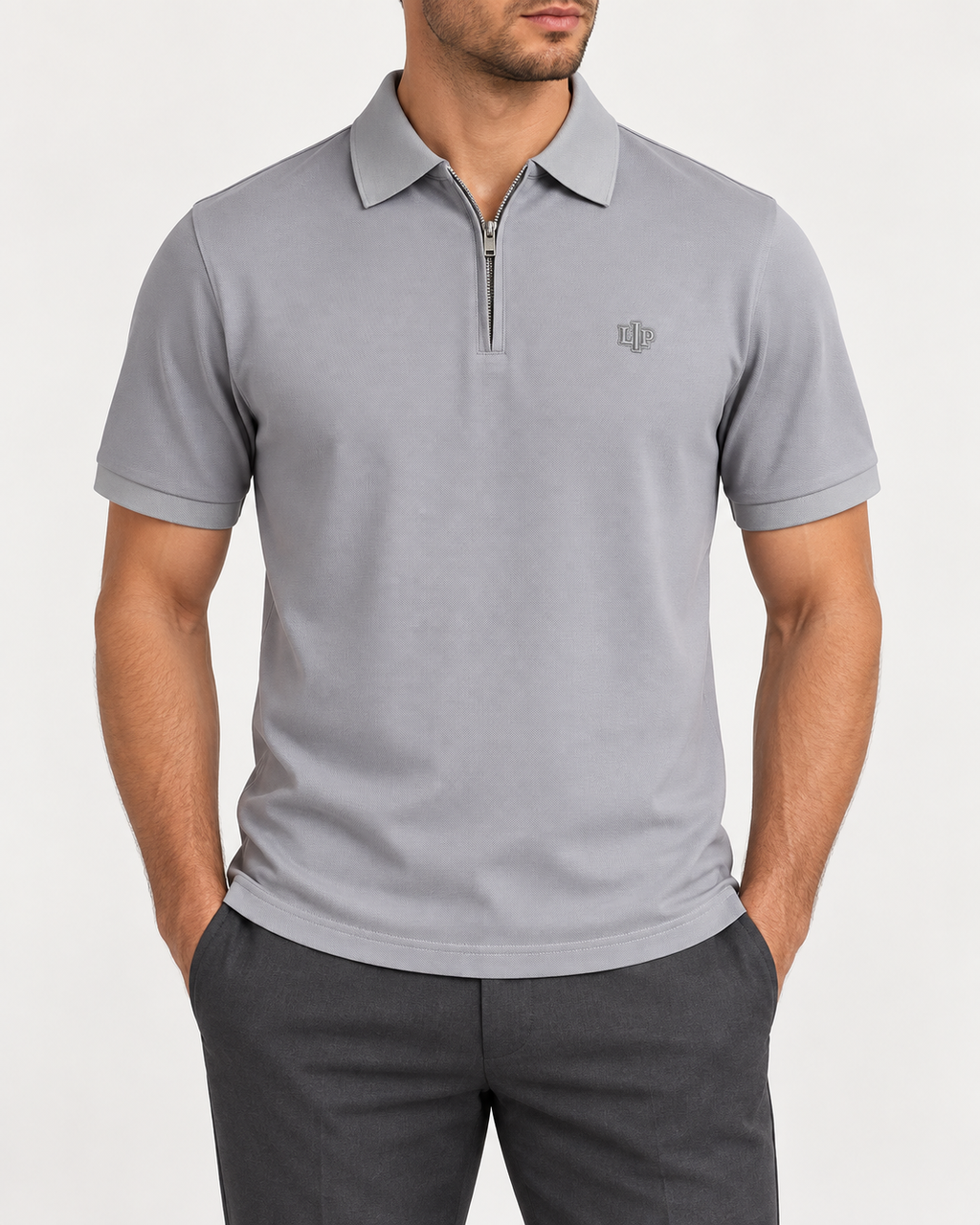 Cool Grey Zip-Neck Logo Polo Shirt - front view
