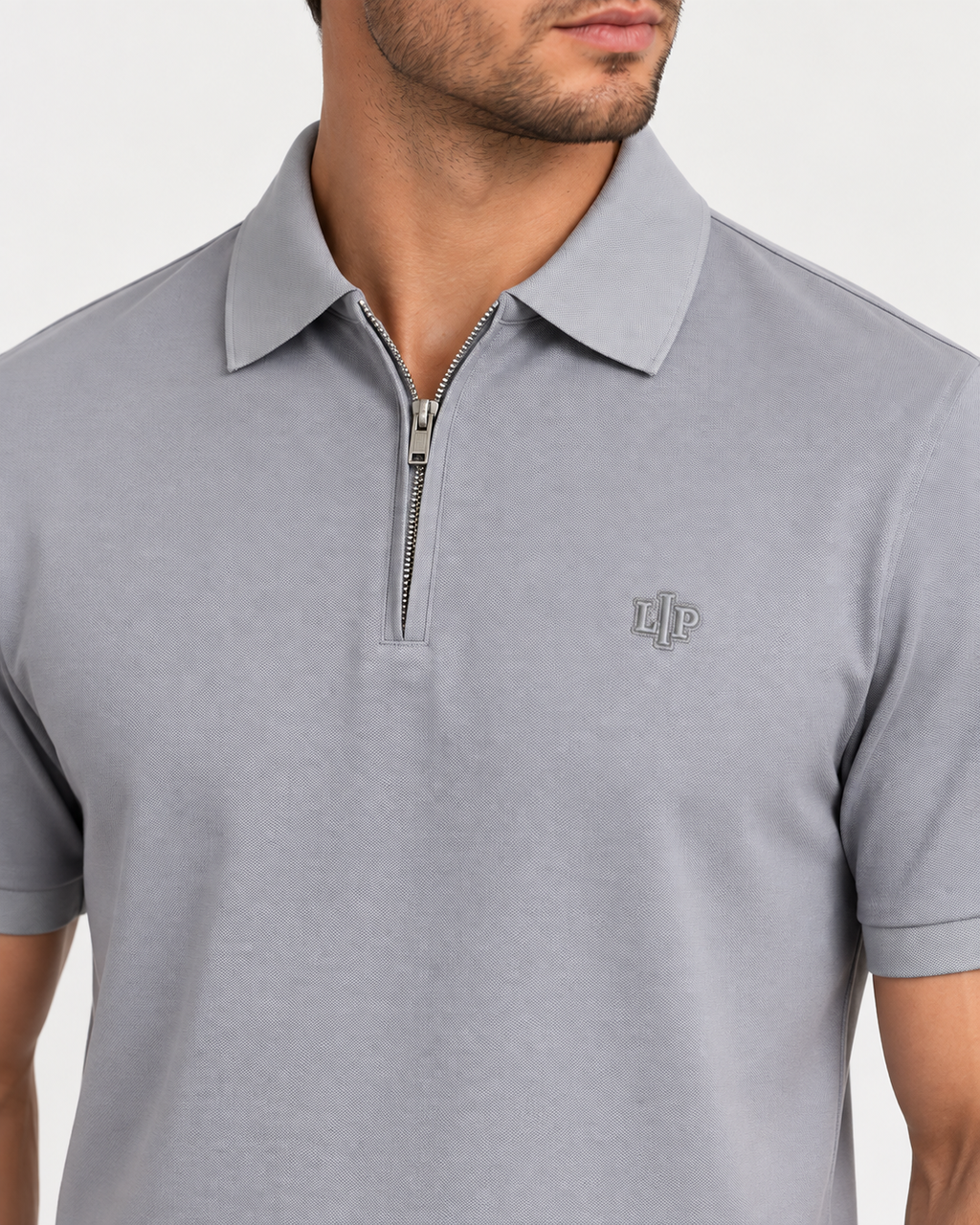 Cool Grey Zip-Neck Logo Polo Shirt - view 3