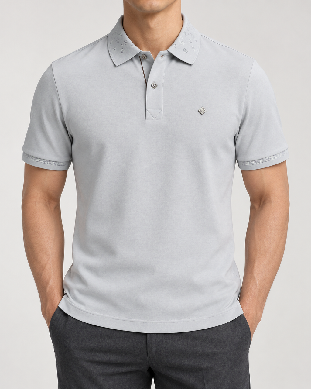 Ice-Grey Diamond-Badge Polo Shirt - front view
