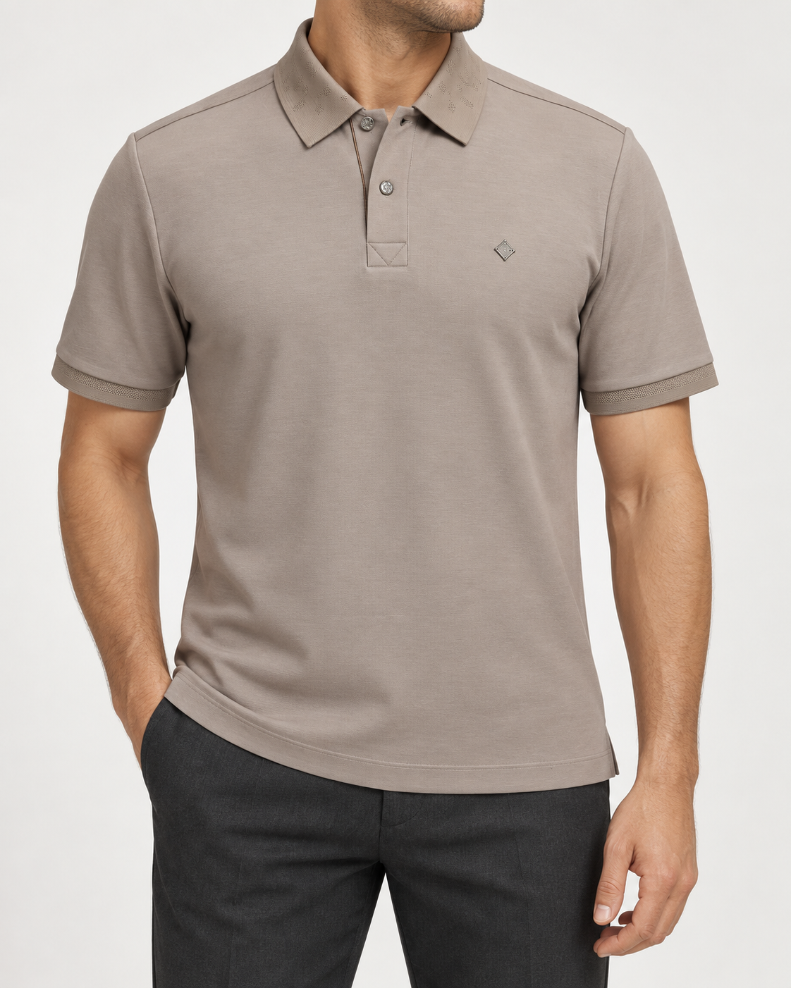 Taupe Diamond-Badge Polo Shirt - front view
