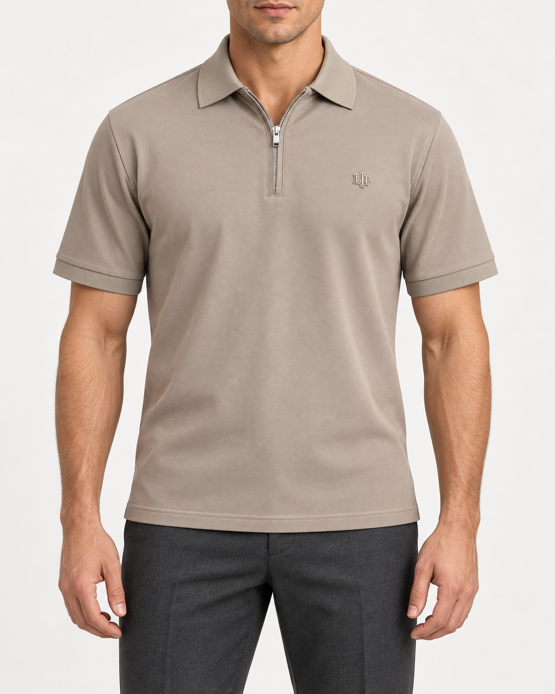 Taupe Zip-Neck Logo Polo Shirt - front view