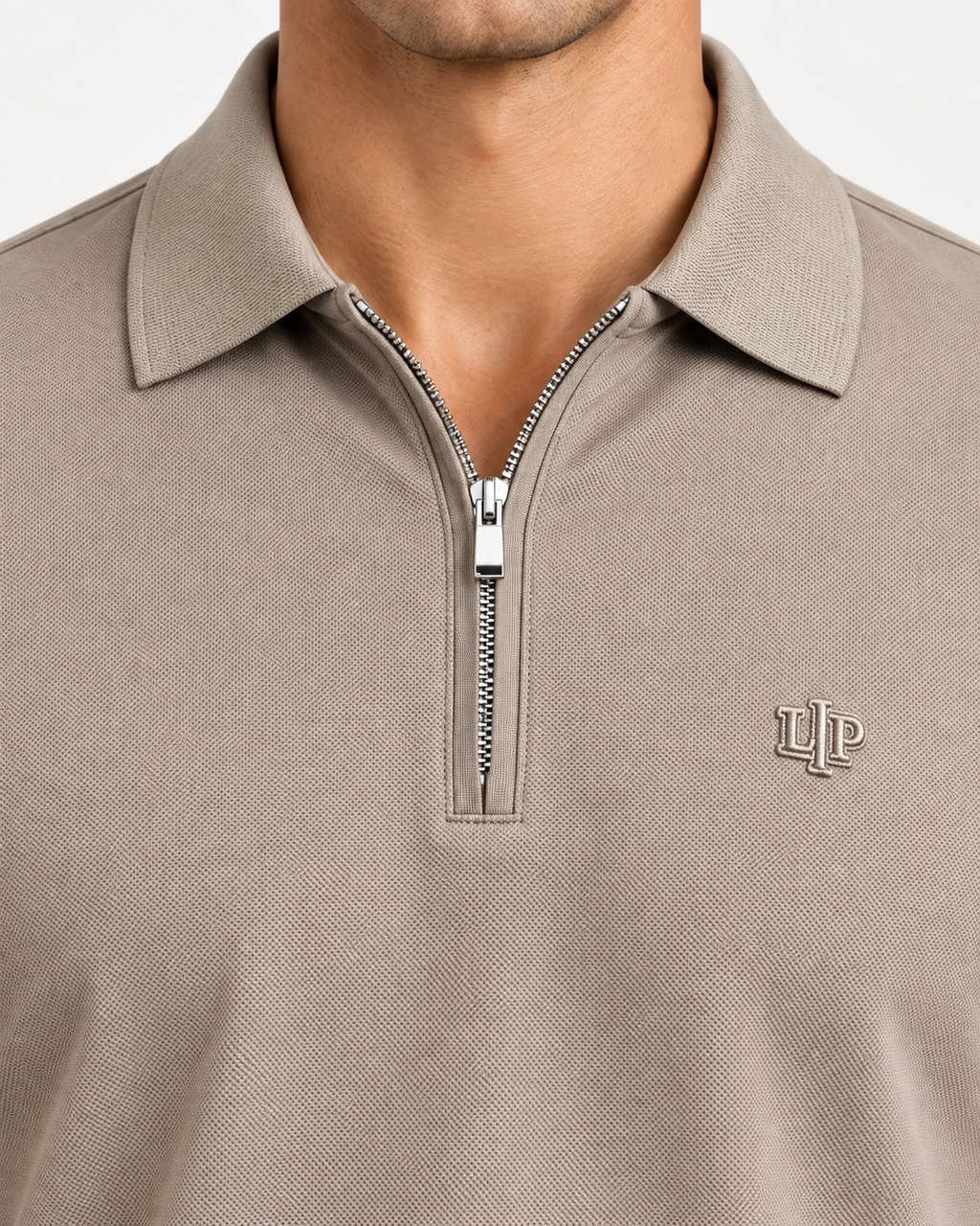 Taupe Zip-Neck Logo Polo Shirt - view 3