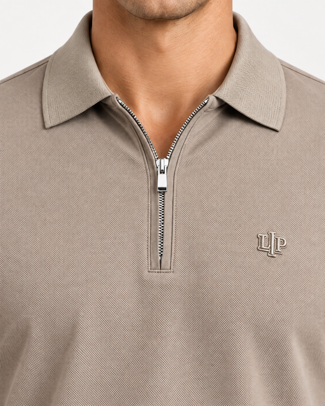 Taupe Zip-Neck Logo Polo Shirt - view 3
