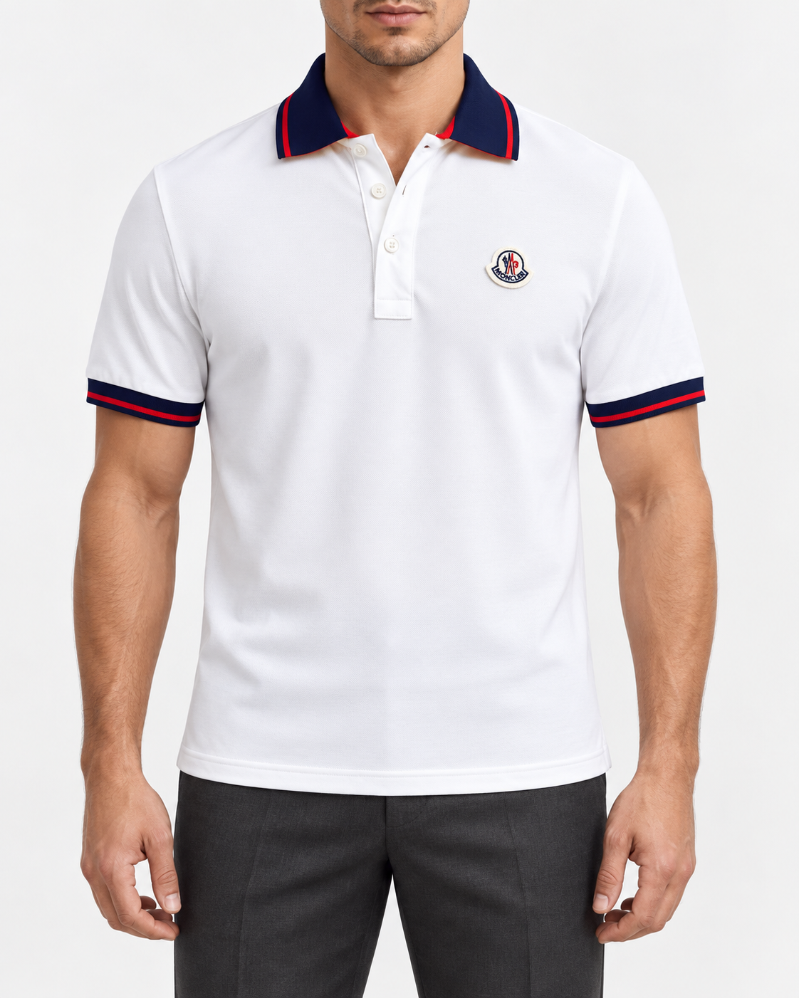 White Navy & Red-Trim Logo Polo Shirt - front view