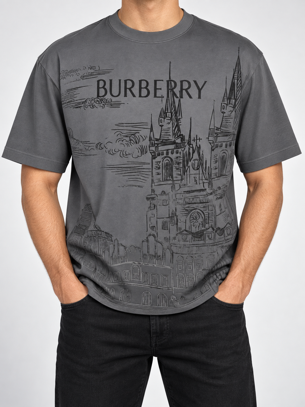 Men’s Charcoal Castle Graphic Drop-Shoulder T-Shirt - front view