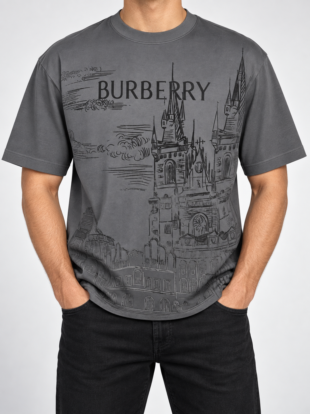 Men’s Charcoal Castle Graphic Drop-Shoulder T-Shirt - front view