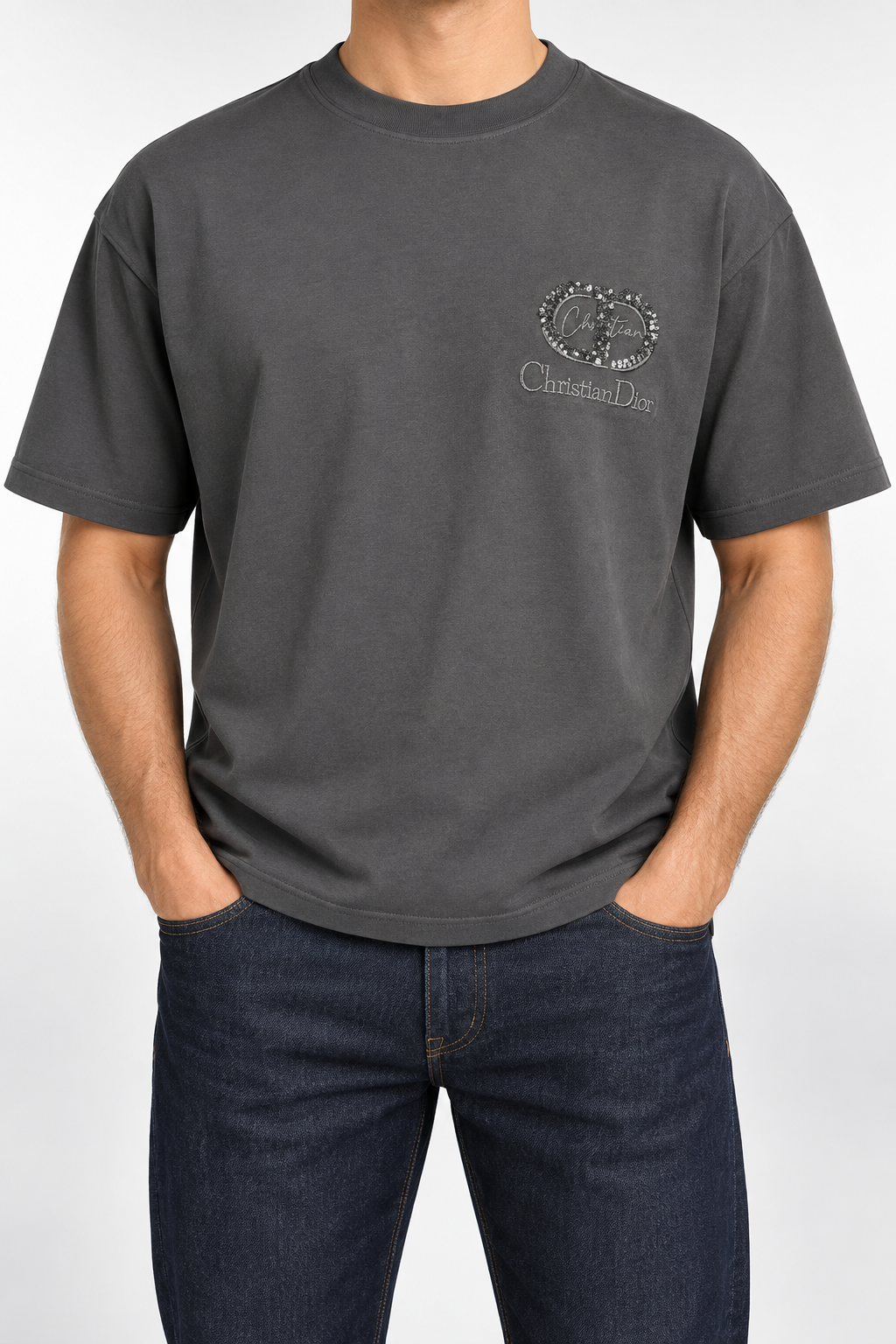 Men’s Charcoal Sequin Monogram Drop-Shoulder T-Shirt - front view