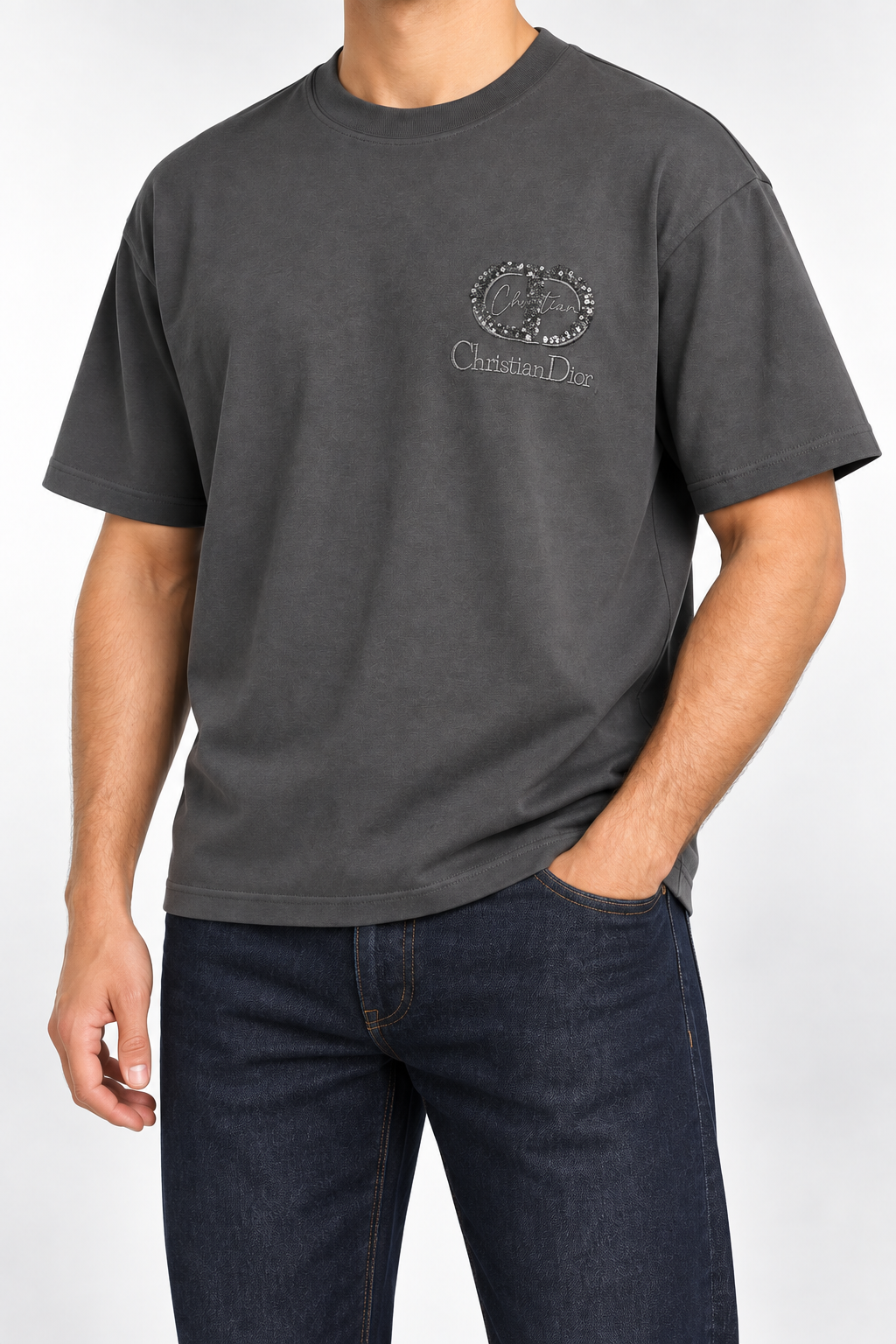 Men’s Charcoal Sequin Monogram Drop-Shoulder T-Shirt - view 2