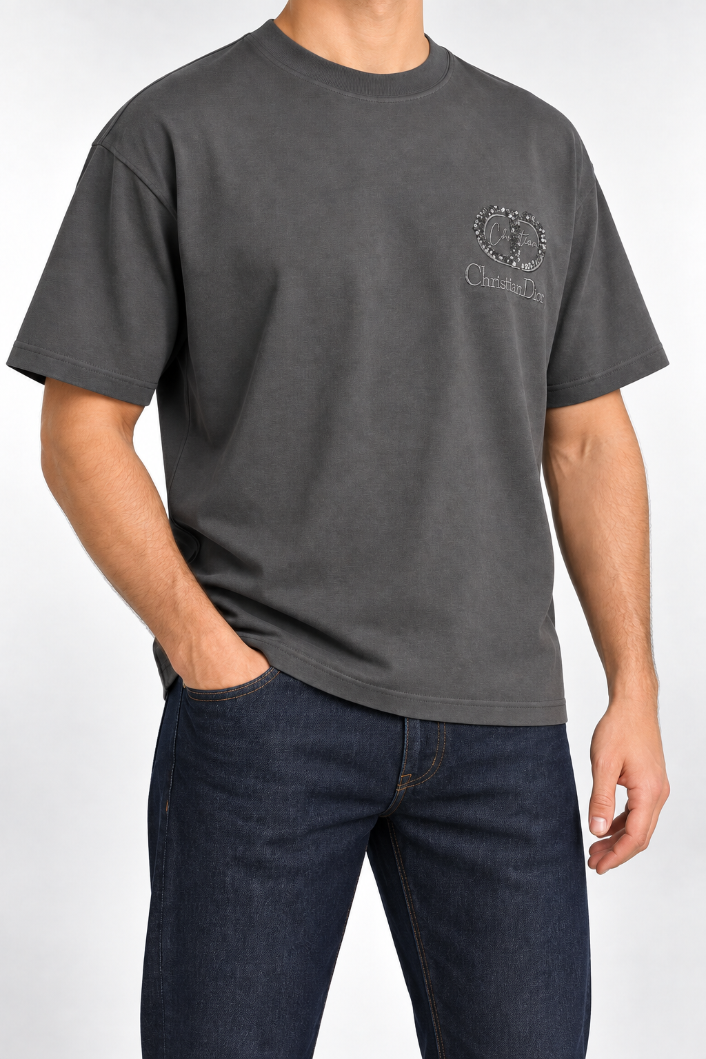 Men’s Charcoal Sequin Monogram Drop-Shoulder T-Shirt - view 3