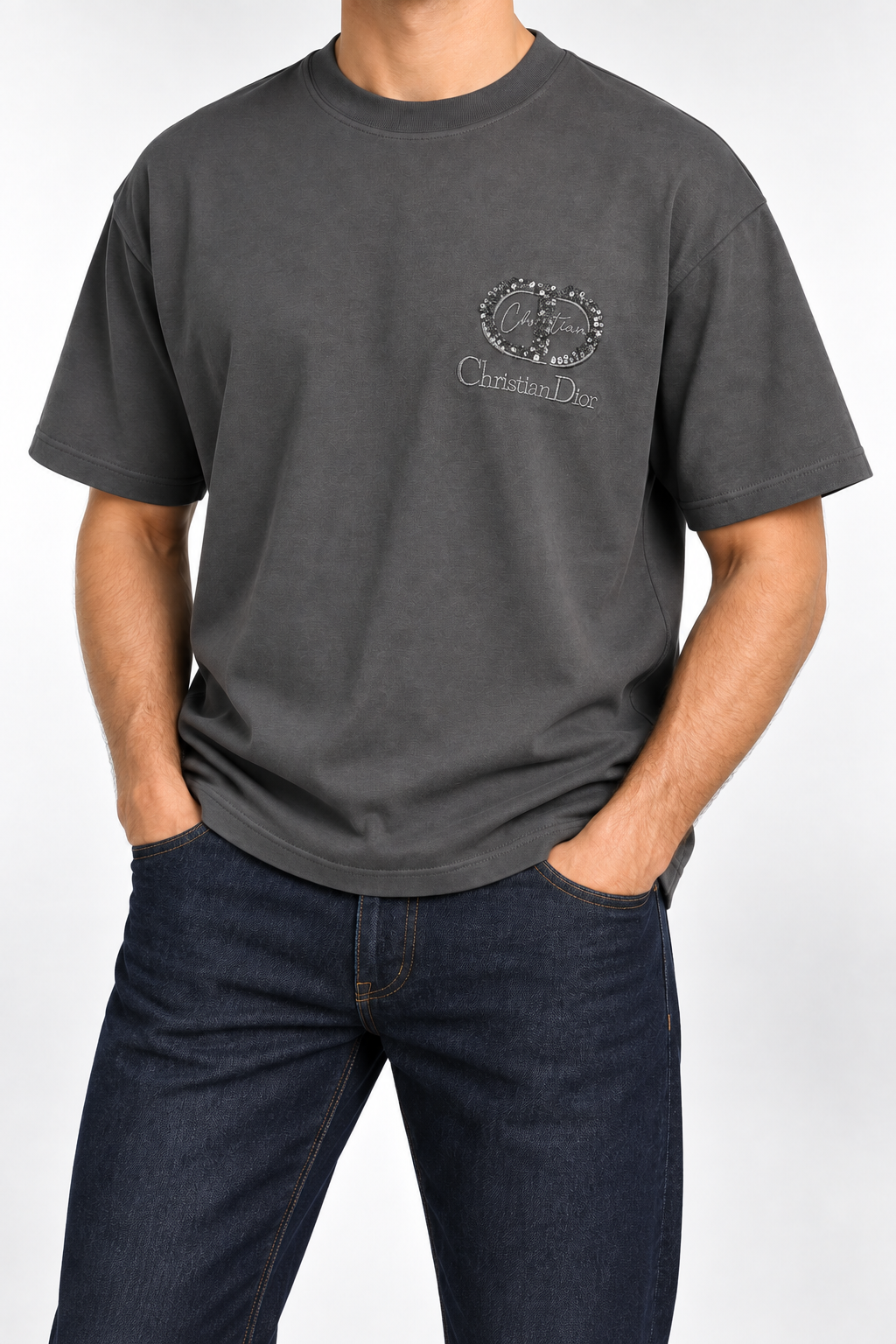 Men’s Charcoal Sequin Monogram Drop-Shoulder T-Shirt - view 4