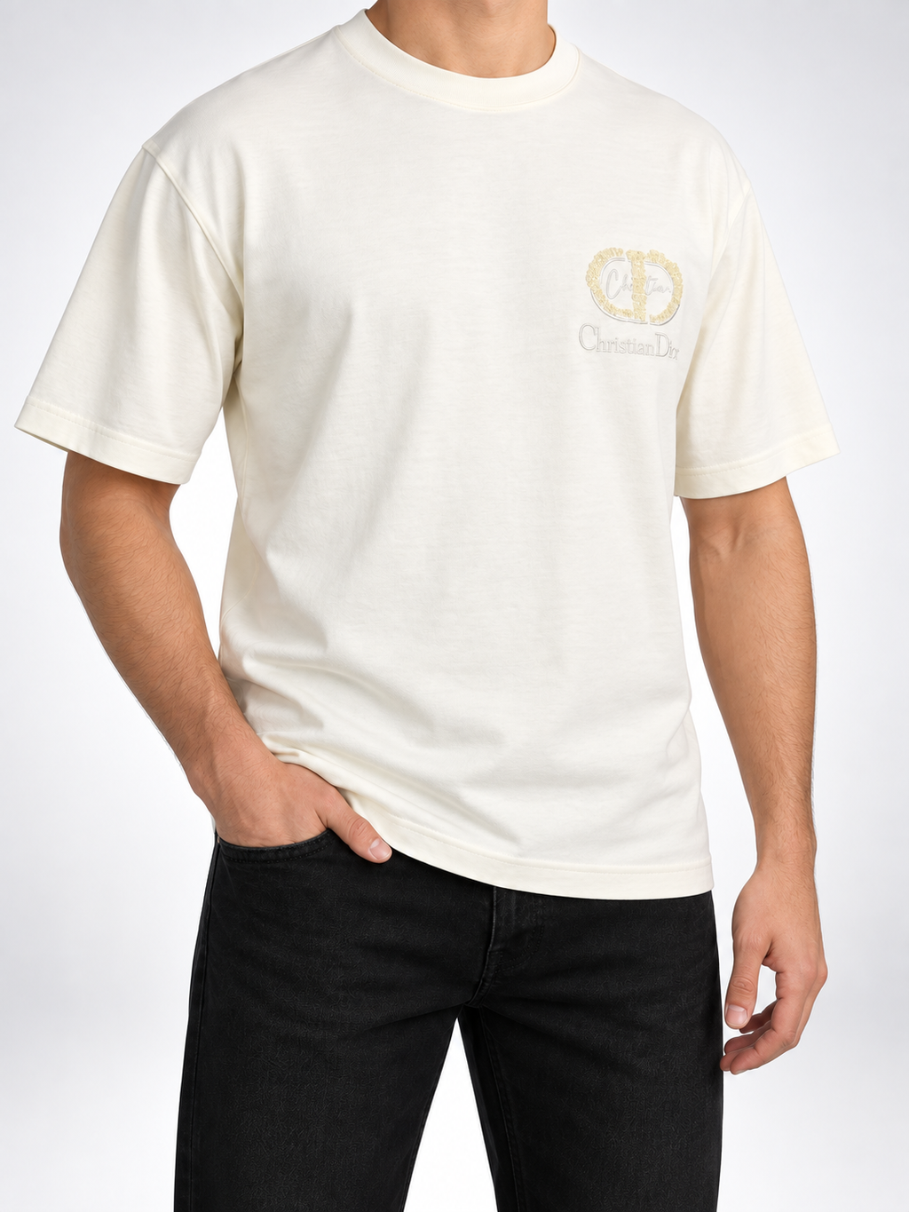 Men’s Ivory Tonal Sequin Monogram Drop-Shoulder T-Shirt - view 2