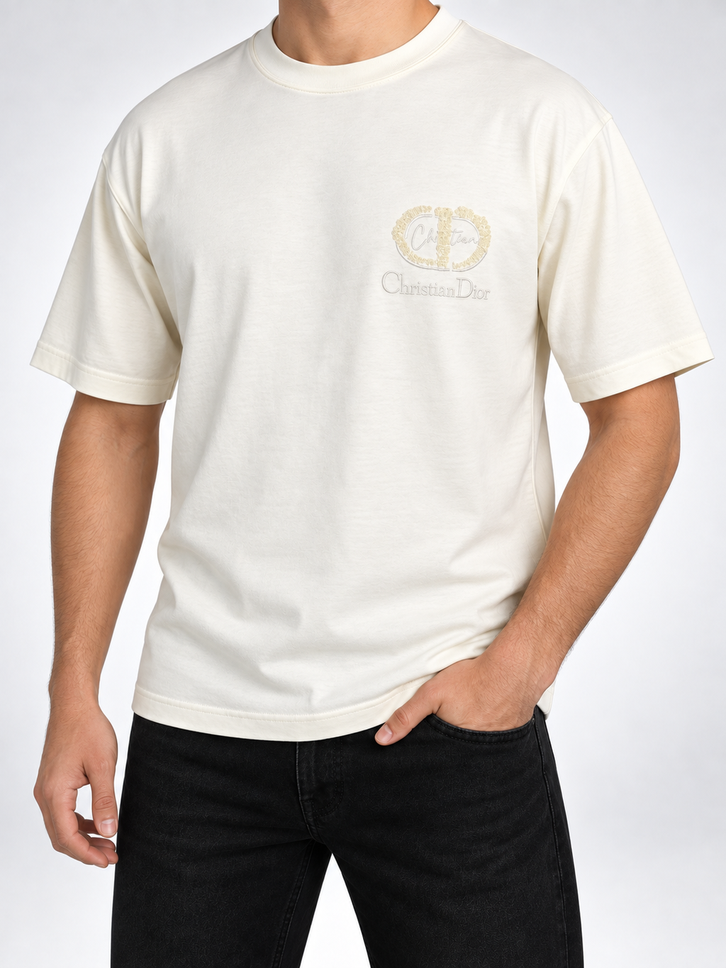 Men’s Ivory Tonal Sequin Monogram Drop-Shoulder T-Shirt - view 3