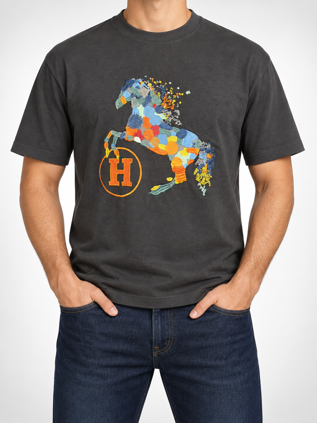 Men’s Charcoal Patchwork Horse T-Shirt - front view