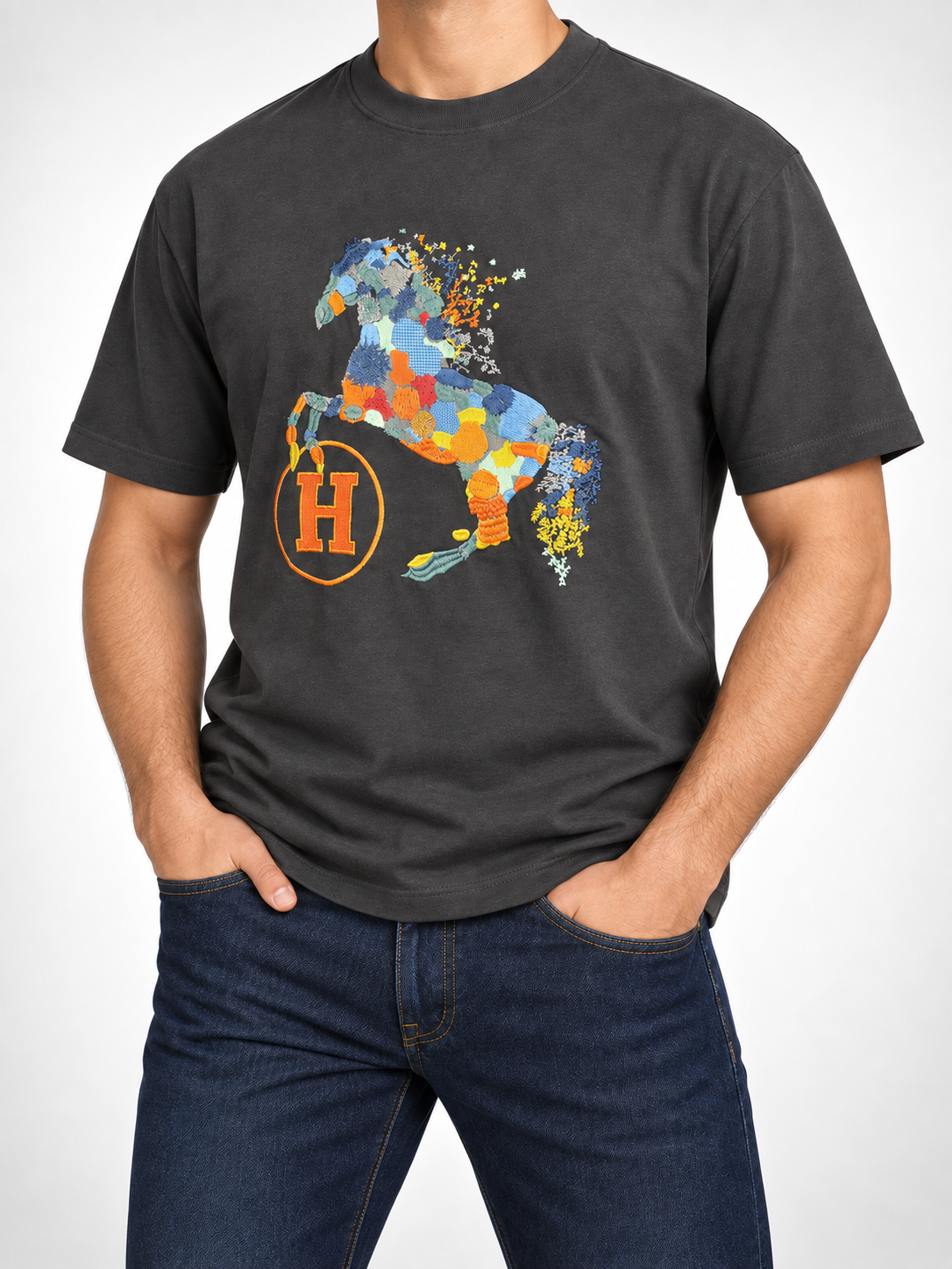 Men’s Charcoal Patchwork Horse T-Shirt - view 4