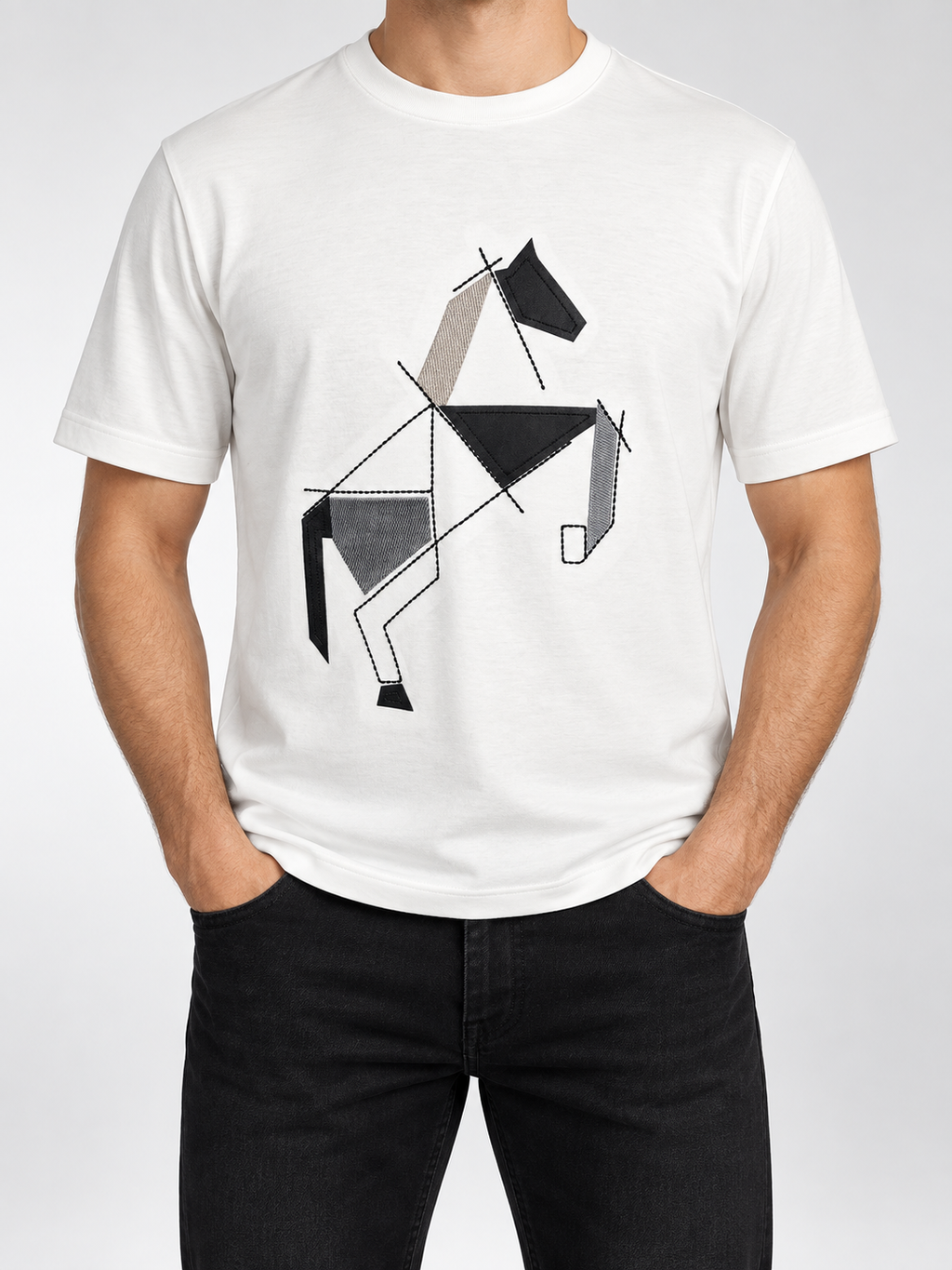 Men’s Ivory Geometric Horse Appliqué T-Shirt - front view