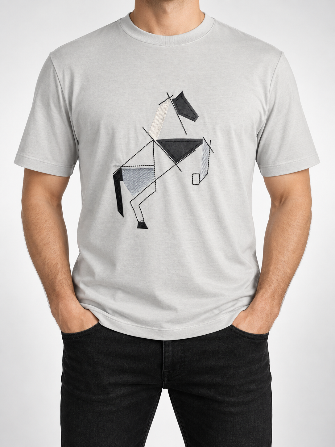 Men’s Light Grey Geometric Horse Appliqué T-Shirt - front view