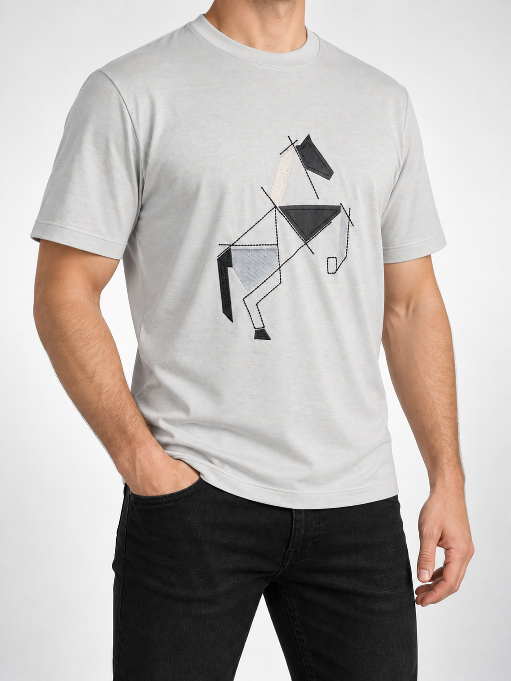 Men’s Light Grey Geometric Horse Appliqué T-Shirt - view 2