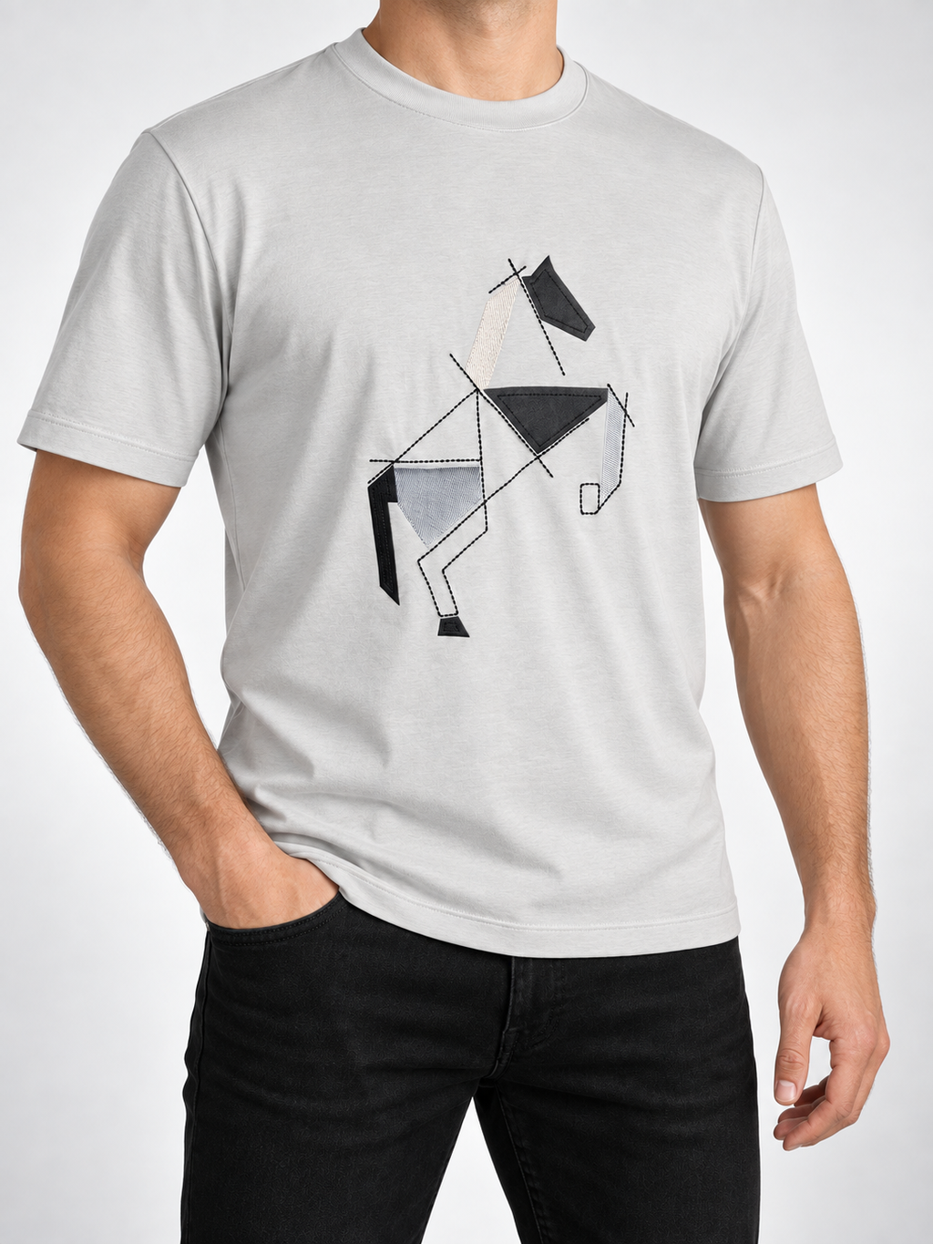 Men’s Light Grey Geometric Horse Appliqué T-Shirt - view 3