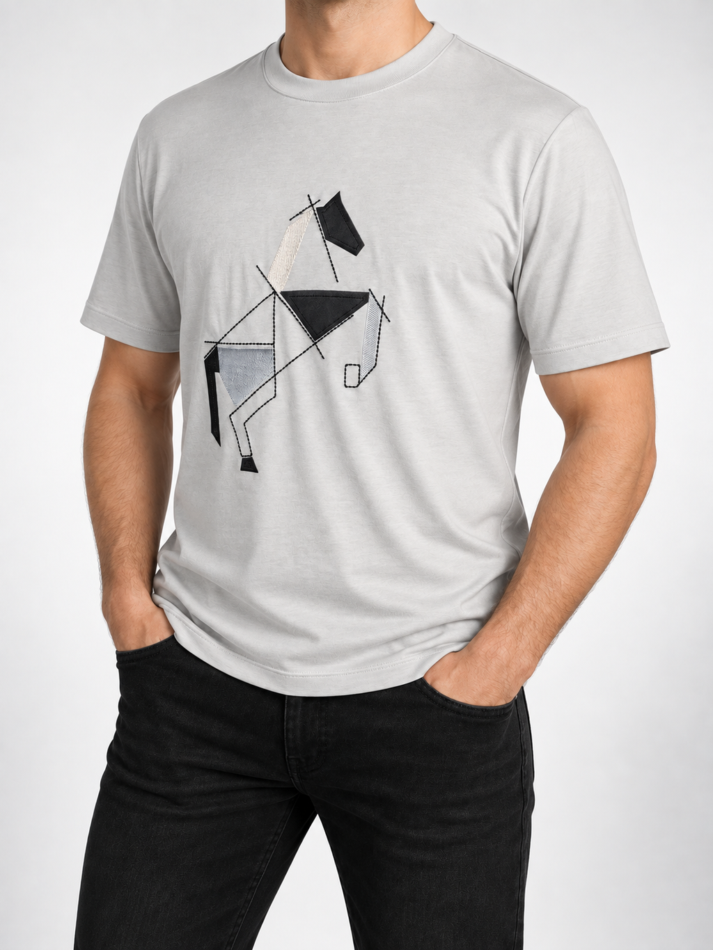 Men’s Light Grey Geometric Horse Appliqué T-Shirt - view 4