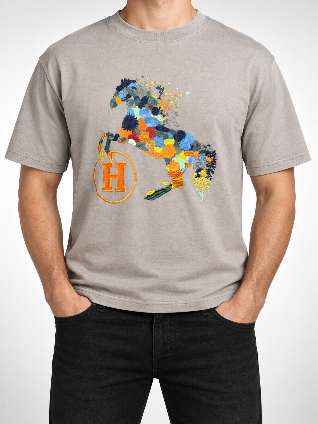 Men’s Taupe Patchwork Horse T-Shirt - front view